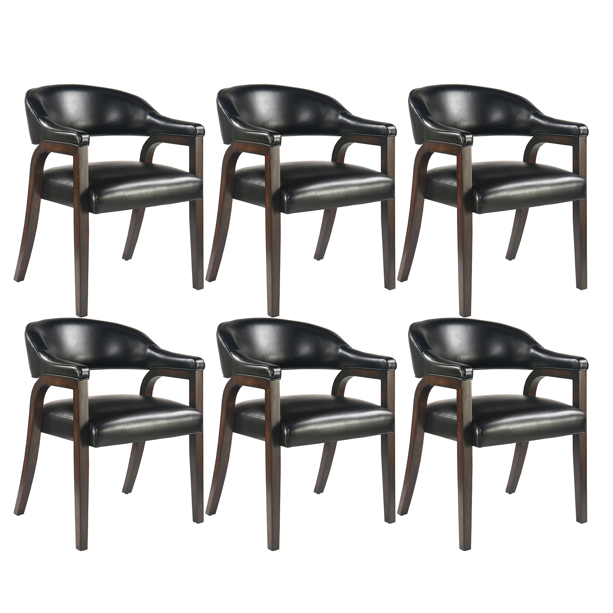 LEEMTORIG Set of 6 Faux Leather Dining Chairs with Arms, Large Accent Kitchen Chairs Dining Arm Chair with Back Support, Wooden Desk Chair Poker Table