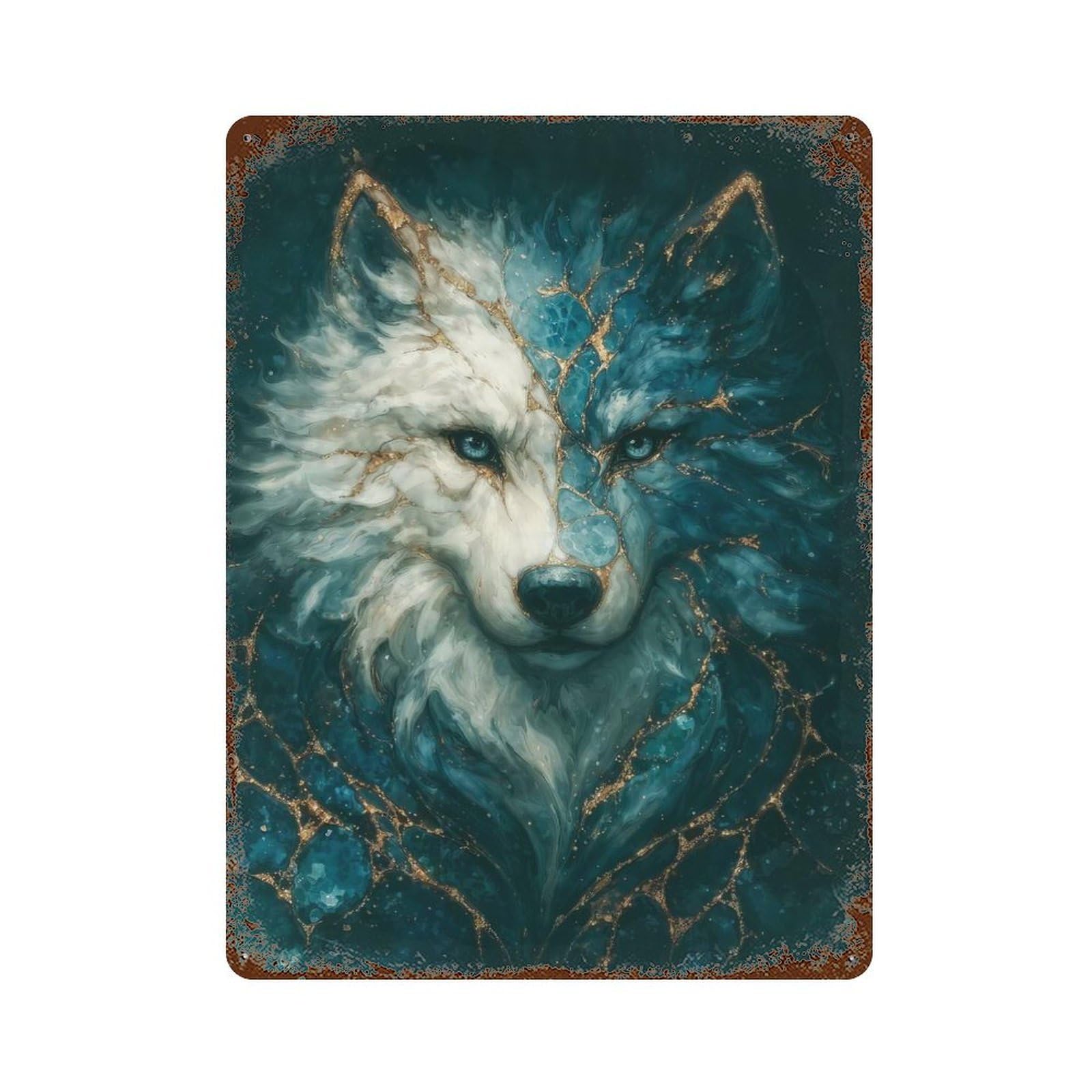 Garage Style Kintsugi Wolf Spirit in Blue And Gold Distressed Metal Wall Sign 15.7"x11.8", Novelty Wall Decor for Bar And Workshop