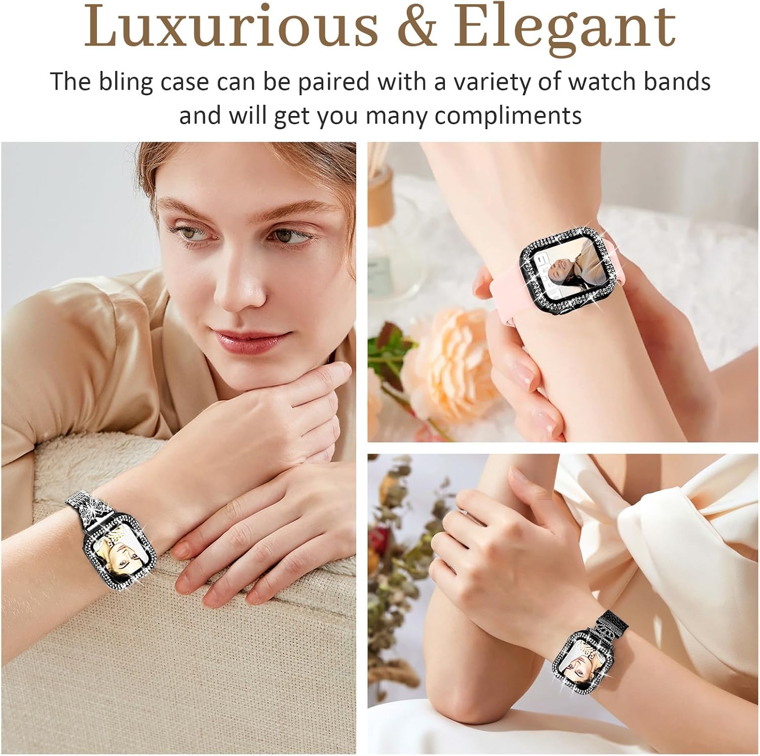 Newlibery Bling Watch Case with HD Screen Protector Women Compatible with Apple Watch 46mm Diamond Protective PC Face Cover Frame Protector for iWatch Series 10/11 Black image 4