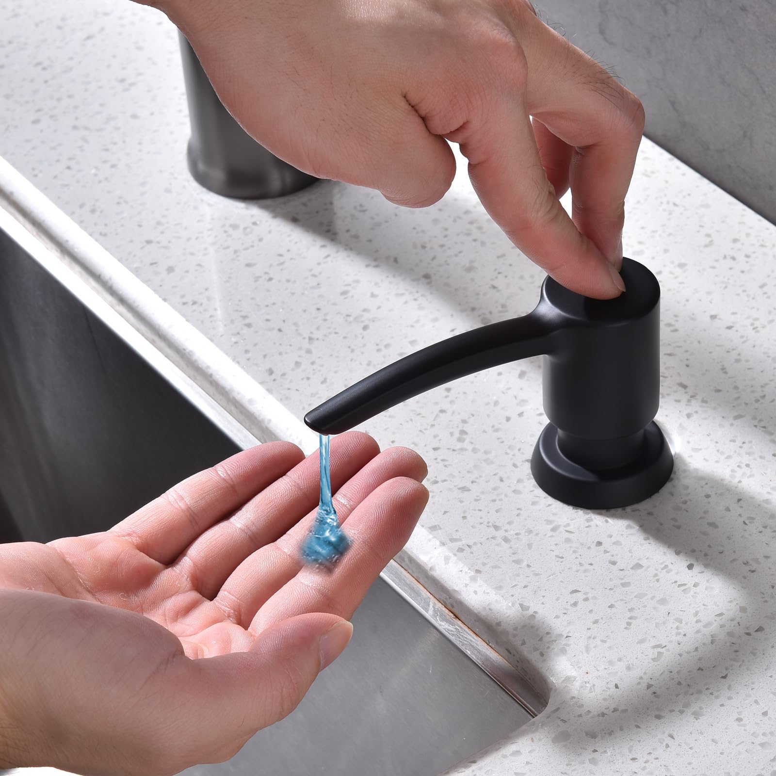 Dispensador de jabón para fregadero integrado, negro mate, cabezal de bomba ABS, recambio desde la parte superior, dispensador de jabón de manos para cocina