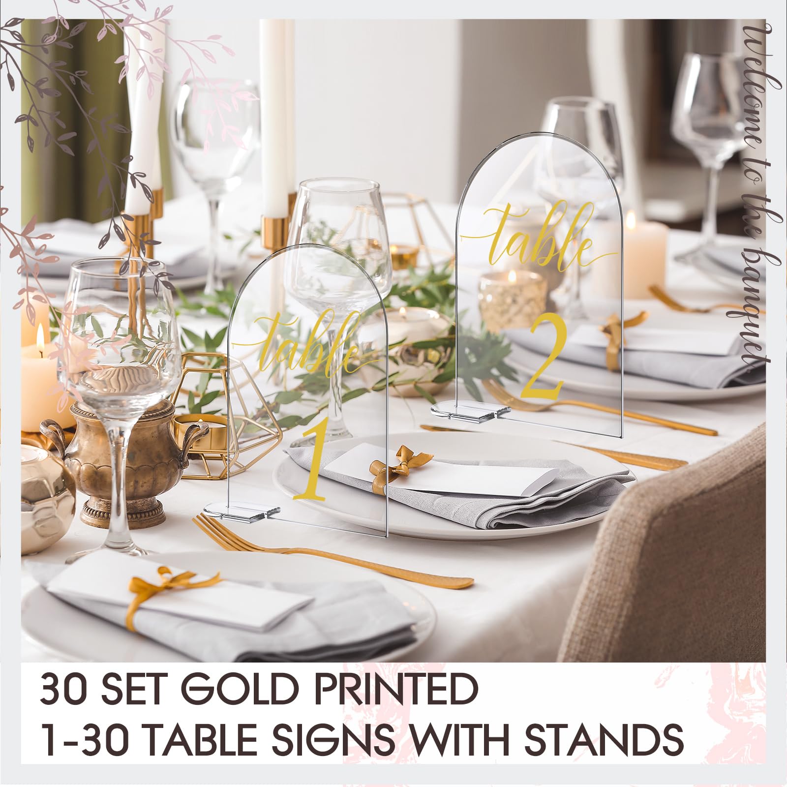 30 Sets Bogen Acrylschild Gold bedruckt 1-30 Tischschilder mit Ständer, Kalligraphie, transparenter Tischnummernständer für Hochzeit, Empfang, Veranstaltung, Party, Restaurant, Tafelaufsatz