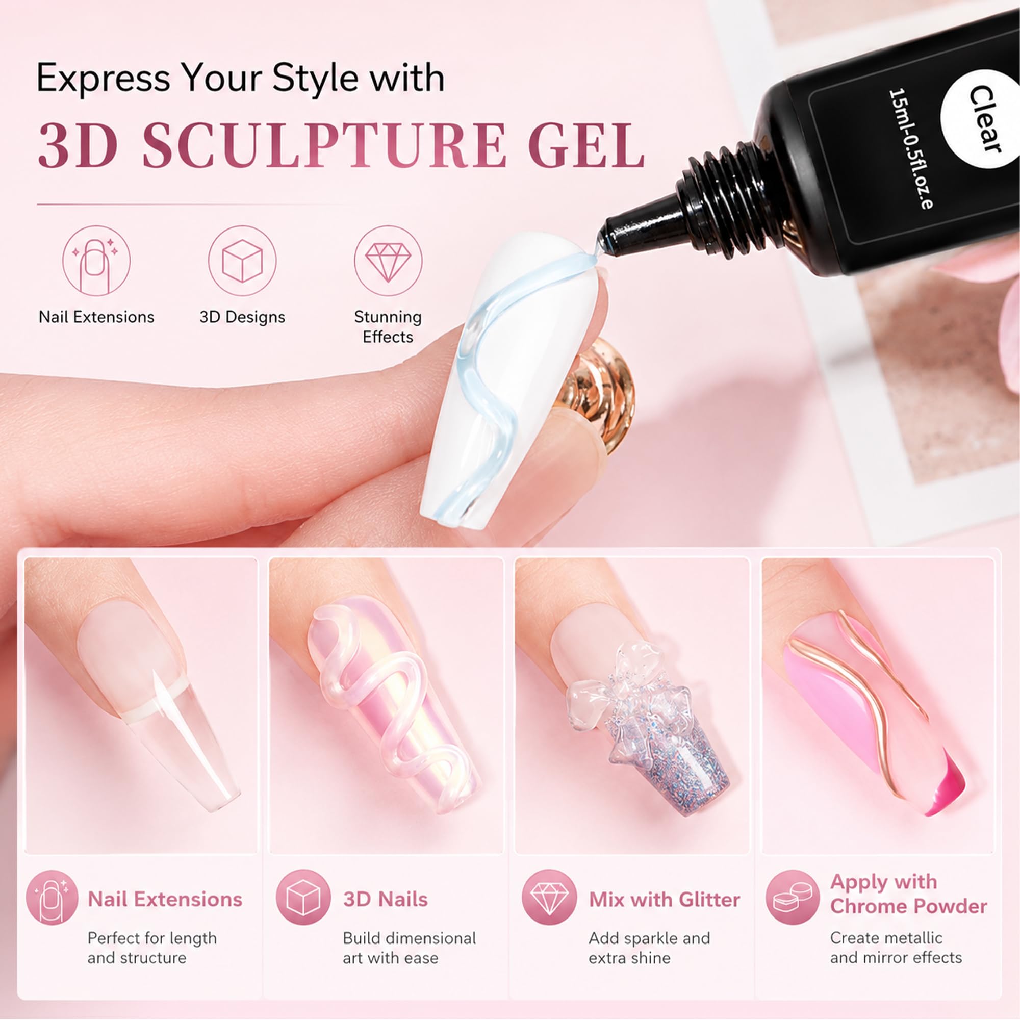 MAGIC ARMOR Żel do paznokci 3D – 15 g, żel budujący, przezroczysty, wielofunkcyjny, klej strasu, do 3D Nail Art Carving 3D Nail Sculpting Gel DIY do projektowania paznokci, rzeźbienia paznokci w domu
