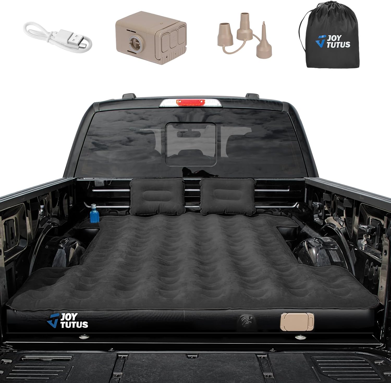 JOYTUTUS Truck Bed Air Mattress for 5.5-5.8Ft,Full Size Short Beds for Pickup Outdoor Camping,Truck Tent Accessories with Carry Bag & Cup Holder & Cavity Design,Black
