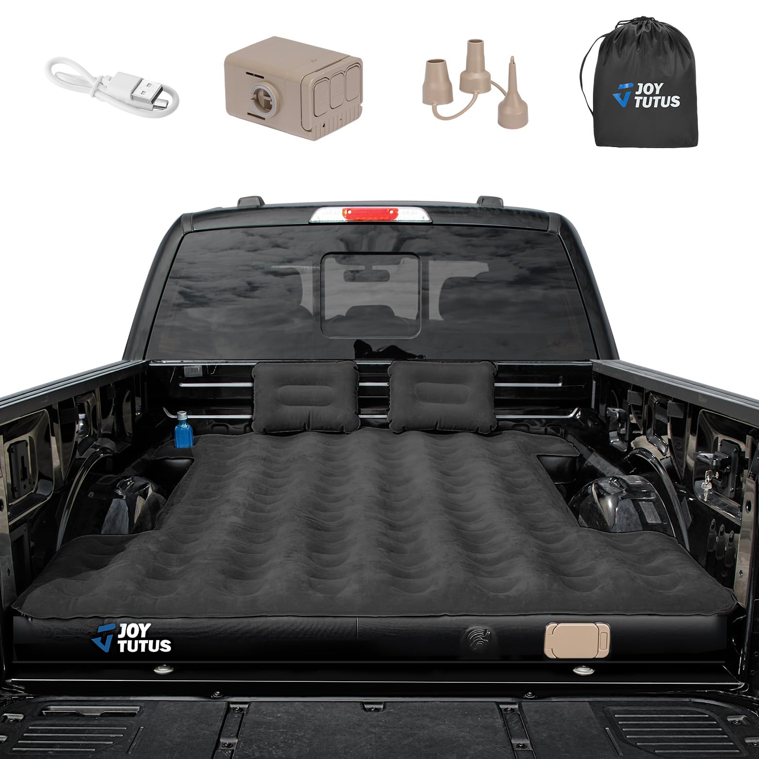 JOYTUTUS Truck Bed Air Mattress for 5.5-5.8Ft with Built-in Air Pump,Full Size Short Beds Inflatable Mattress for Outdoor Camping, with Carry Bag & Cup Holder, Black