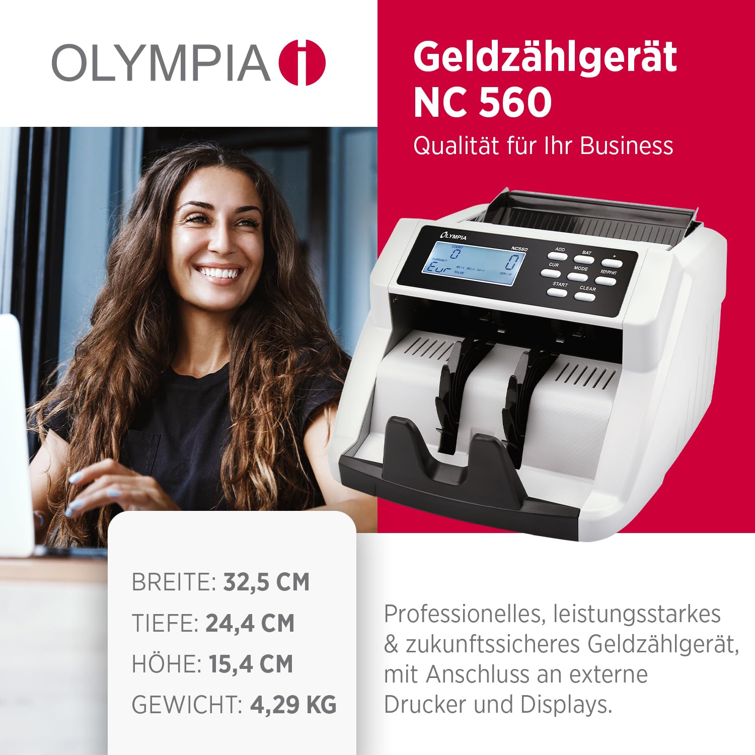 Olympia NC 560 Geldzählmaschine für Scheine | Gemischtwertzähler für unsortierte Banknoten | Banknotenzähler mit Falschgeld Prüfer | LCD Display | Geldscheinprüfgerät | 1000 Noten/Min | Geldzähler