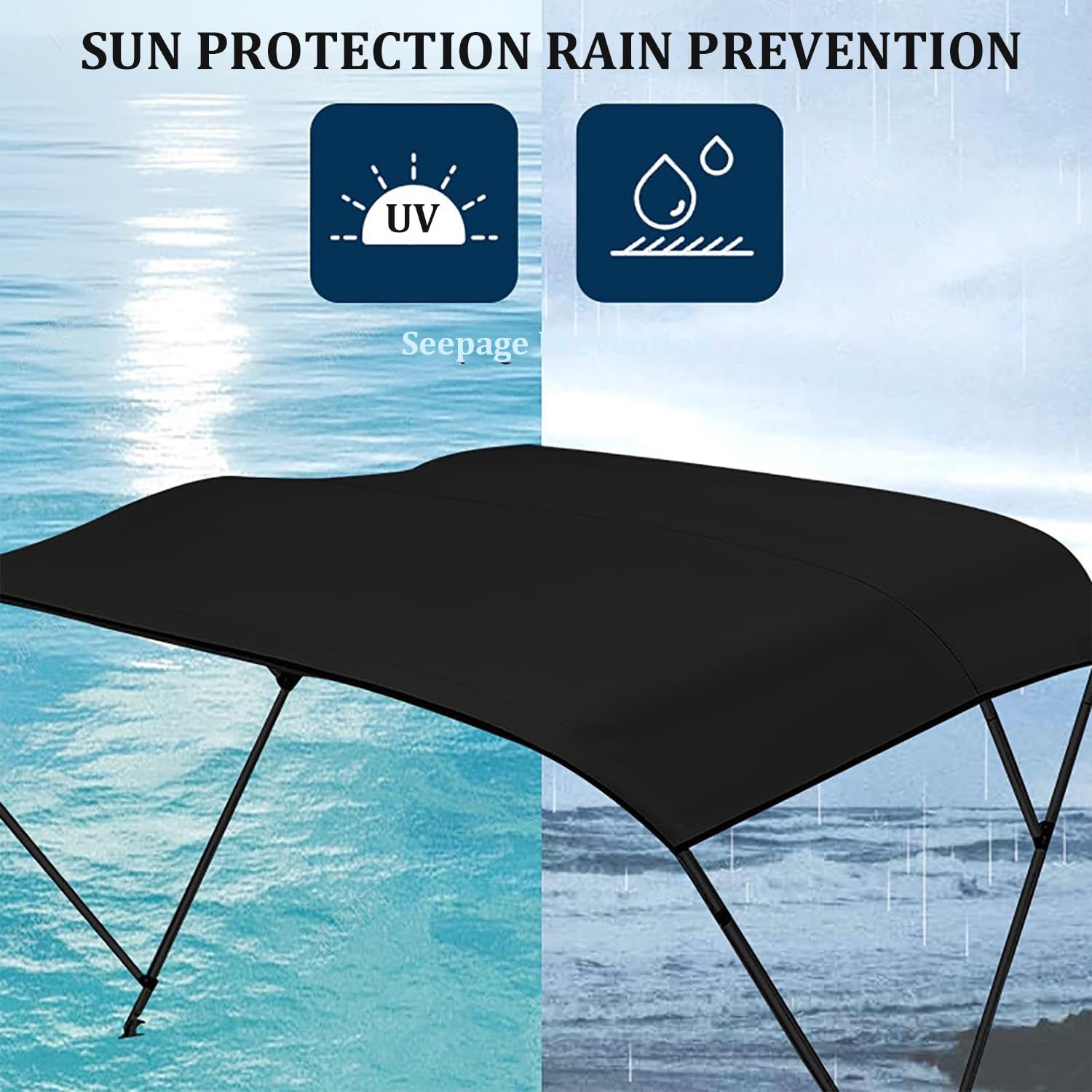 Tenda Parasole Resistente ai Raggi UV, tendalino Parasole Pieghevole a 3 Archi per Barche, tendalino Posteriore per Barche con Telaio in Alluminio e Pali di Supporto Posteriori,Nero,155/167cm