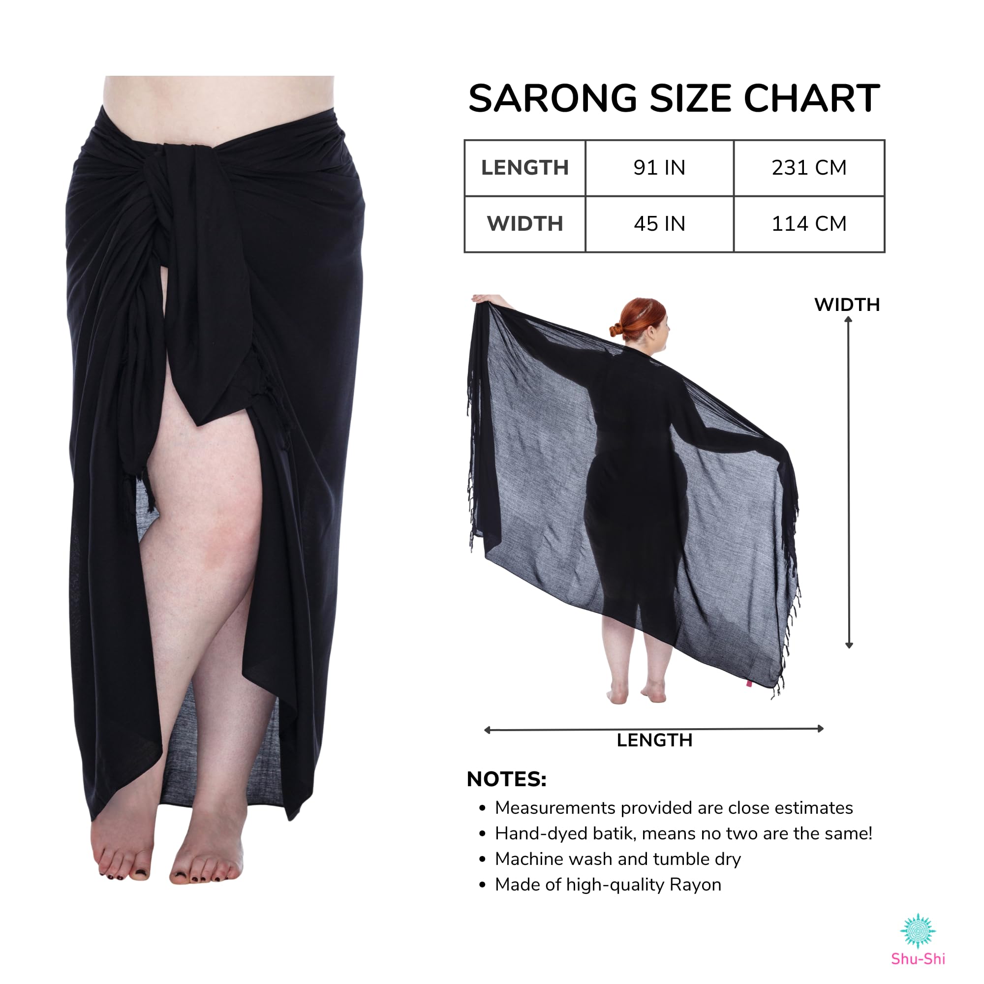 SHU-SHI - Sarong plażowy - dla kobiet - strój kąpielowy z klipsem kokosowym - jednolity kolor - rozmiar plus