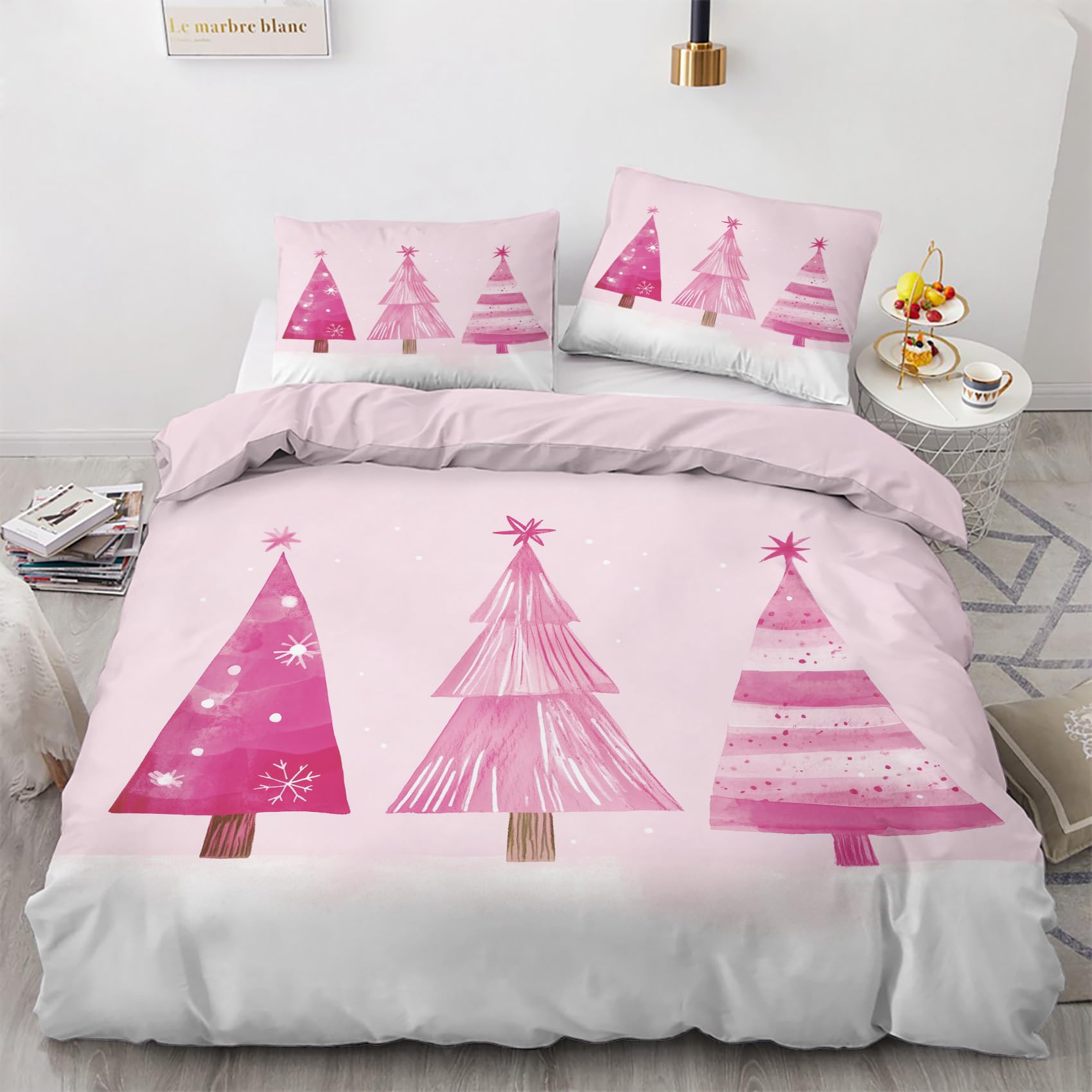NOGAWA Xmas Tree Bedding Double - Pink Christmas Double Duvet Set - Reversible Quilt Cover & 2 Pillowcases with Zip and Ties, Ultra Soft and Non Iron Brushed Microfibre Bed Set
