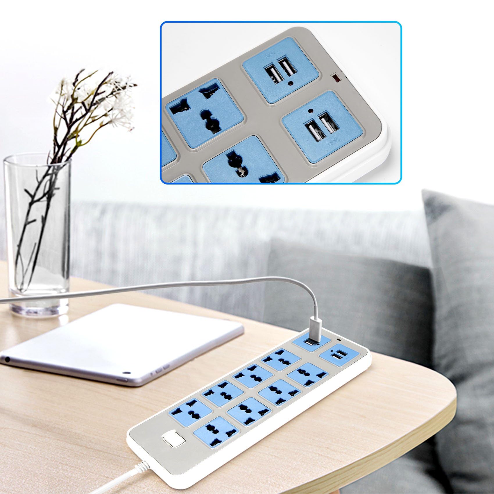 Listwa zasilająca z 4 gniazdami USB, 3000 W, 8 uniwersalnych gniazd, kabel zasilający 6,5 stóp, wtyczka EU
