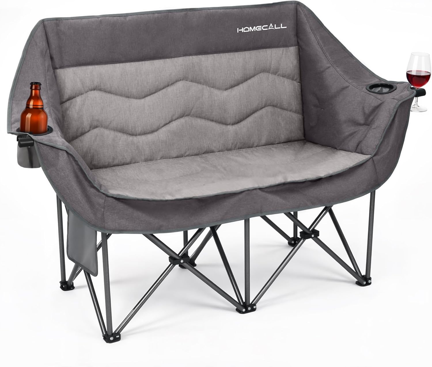 Homecall Double Camping Chair for Adults - Heavy Duty Folding Loveseat Support 700 lbs, 2 Person Padded Camping Couch Portable with Cup Holders & Storage Bag for Camping, Lawn, Sports, Grey