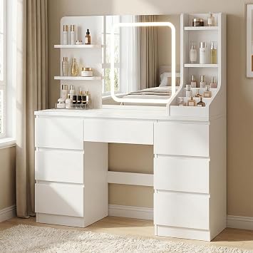 TRIUMPHKEY Dressing Table, Vanity Desk with LED Mirror,White | Vanity Table with 7 Drawers, 4 Shelves and 3 Open Compartments for Bedroom, 108x40x139cm