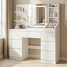TRIUMPHKEY Dressing Table with XL LED Mirror, 110 cm Make-Up Station with 7 Tall Drawers for Bottles, 3 Shelves, Eco-Sustainable RCS Design, Perfect Gift, White