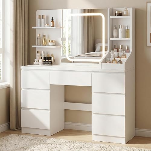 TRIUMPHKEY Dressing Table, Vanity Desk with LED Mirror,White | Vanity Table with 7 Drawers, 4 Shelves and 3 Open Compartments for Bedroom, 108x40x139cm