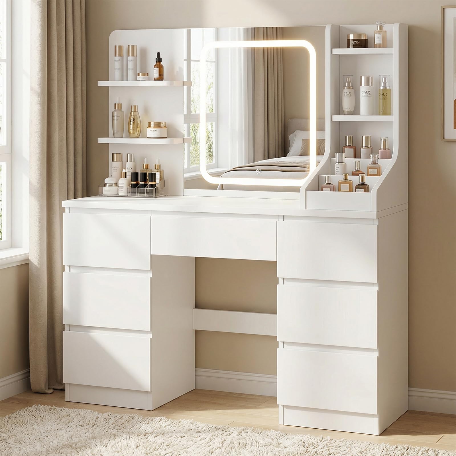 TRIUMPHKEY Vanity Table with XL LED Mirror in a modern bedroom setting
