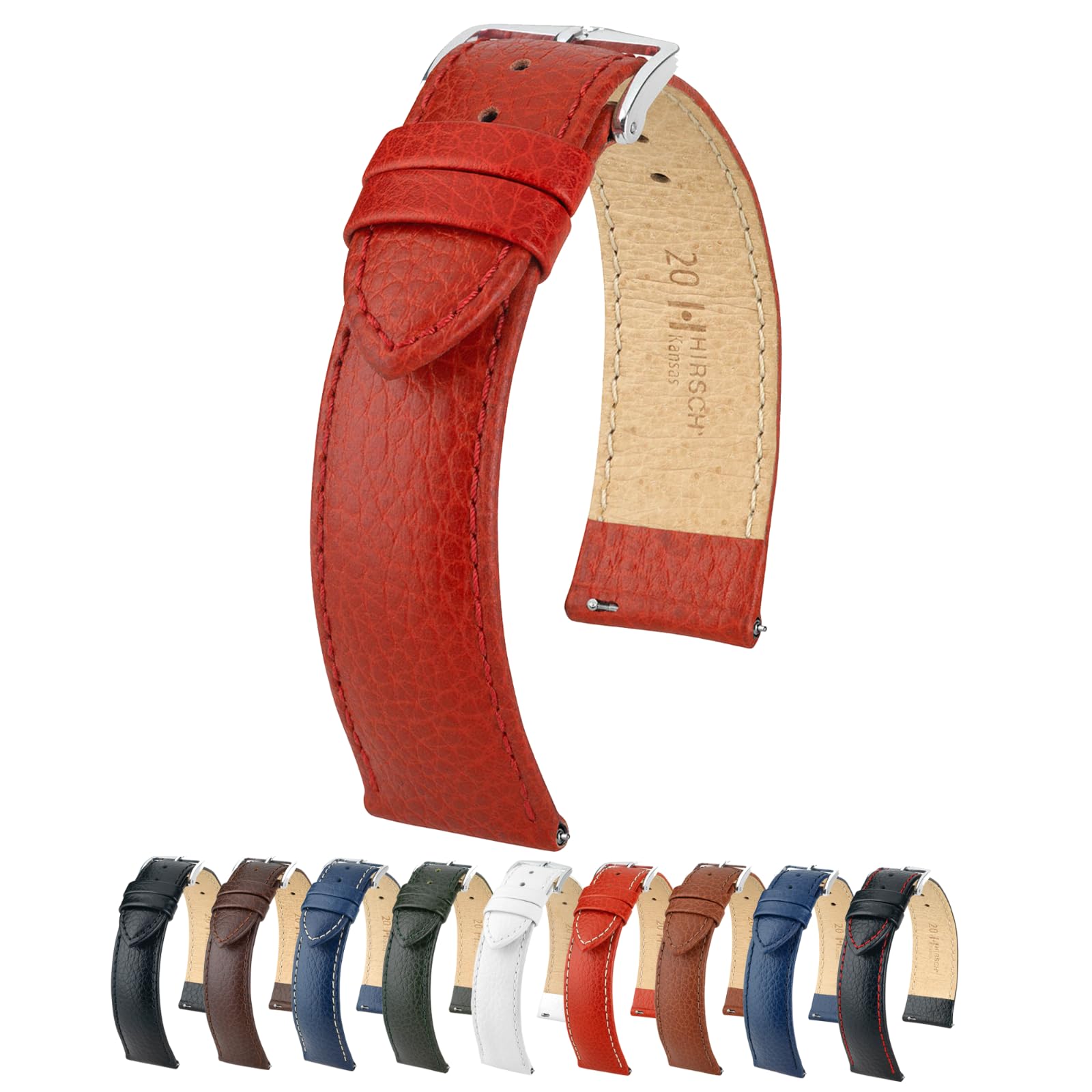 HIRSCH HHIRSCH Genuine Leather Premium Quality Watch Bands - Quick Release - Choose Size & Color (Black, Blue, Brown, Green, Red, White) - Soft & Flexible, Comfortable Feel - 12-30mm Watch Straps - Kansas