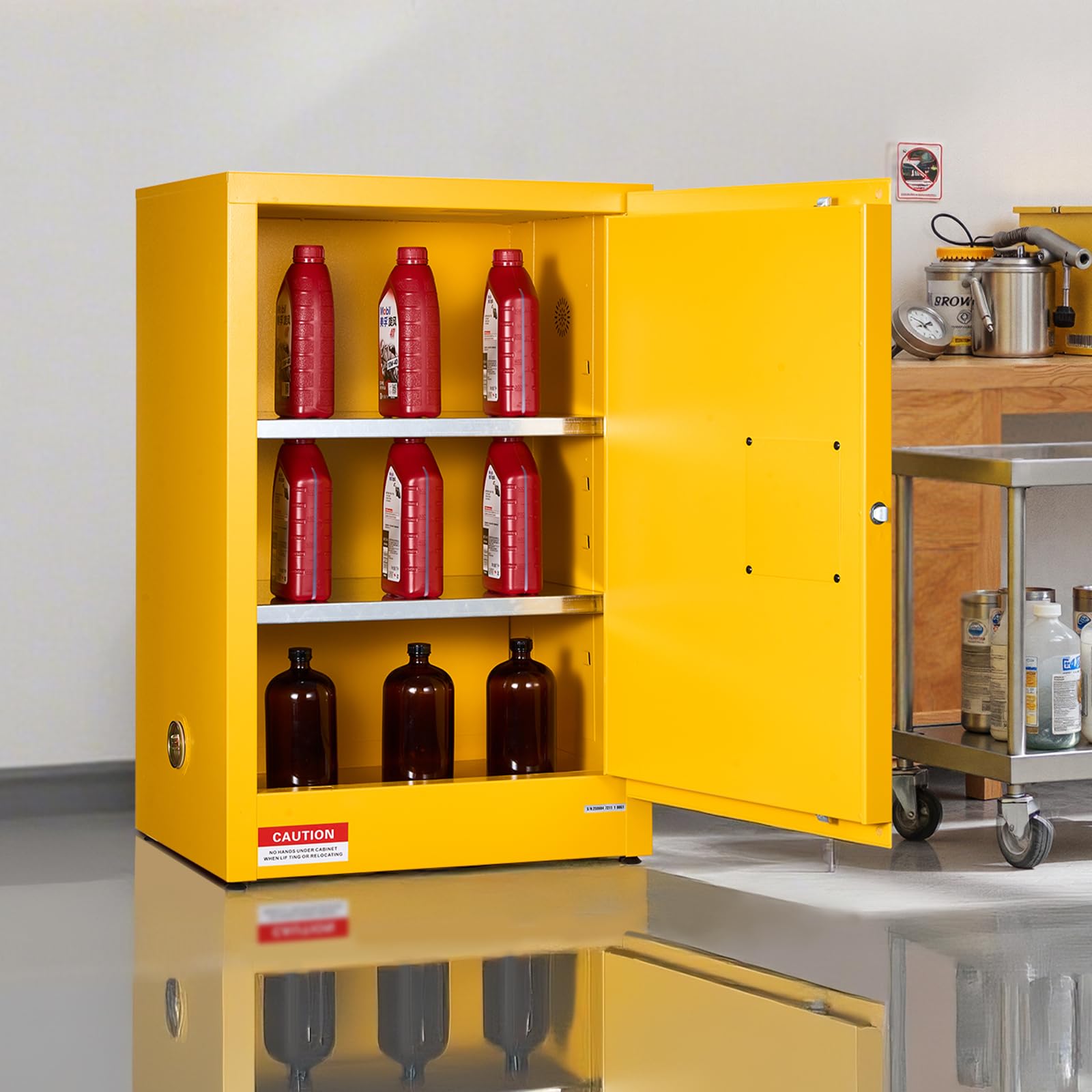VEVOR Feuerlöschschrank feuerlöschfähiger brennbarer Lagerschrank (49,21 L) mit verstellbarem Regal, Feuerlöschschränke aus kaltgewalztem & verzinktem Stahl, Gelb Schutzschrank Gefahrstoffschrank