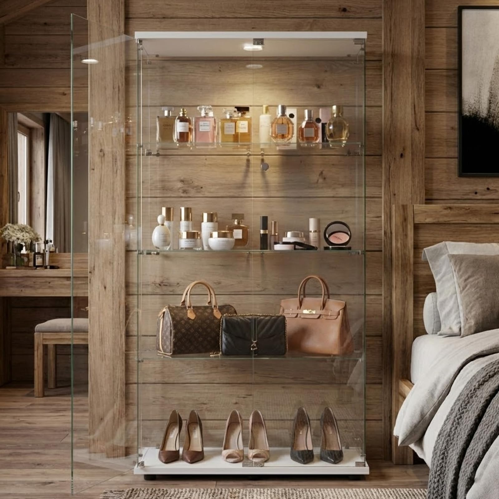 Vitrina de Cristal con iluminación LED, Color Blanco, 80,6 x 36,5 x 164,5 cm, Dos Puertas con Cerradura, Vitrina de Cristal de pie con 3 estantes de Cristal, Vitrina para salón, Dormitorio