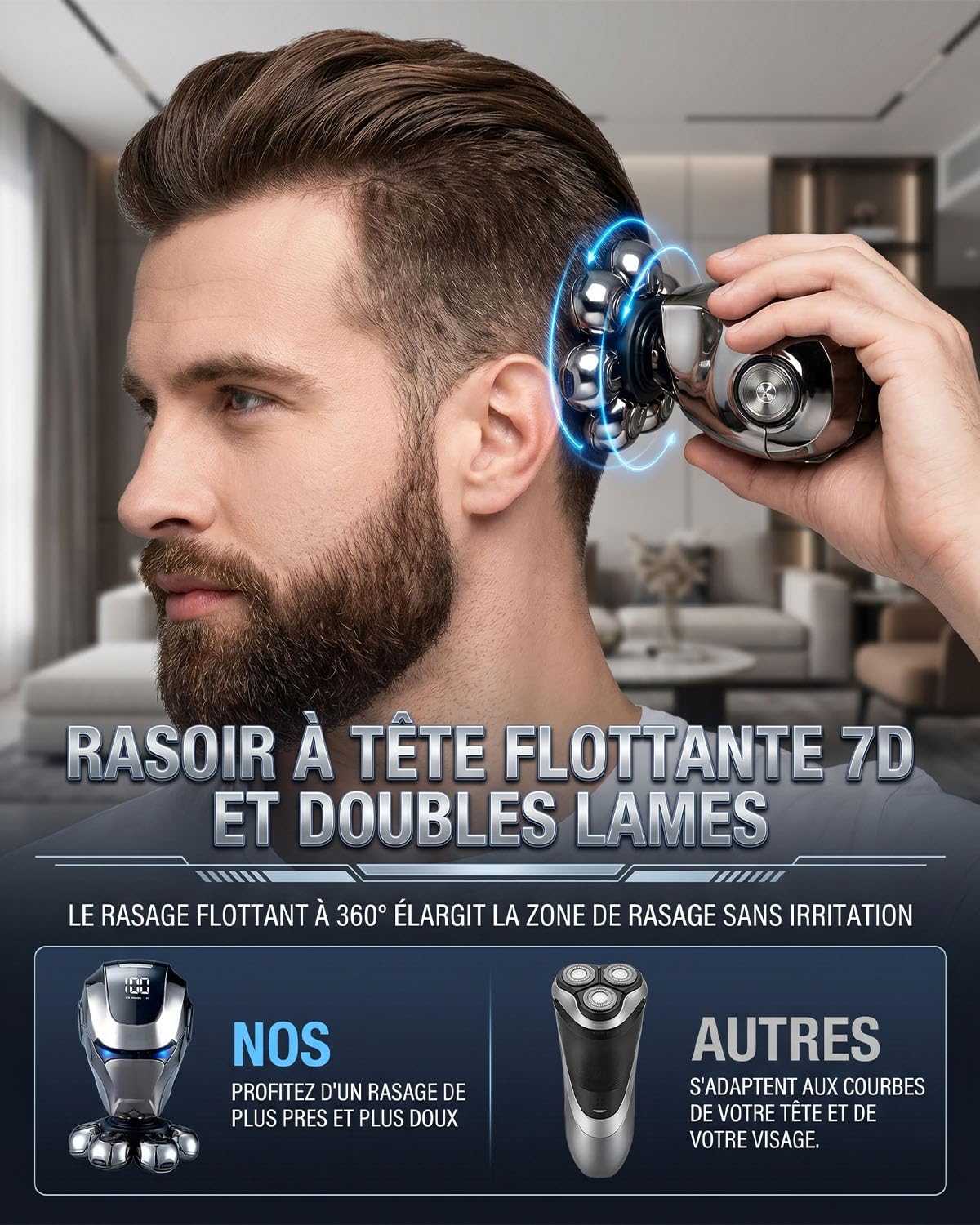 Rasoir Tete Chauve Homme, Rasoir 7D Amélioré pour Hommes Chauves, Rasoir Électrique IPX5 Étanche Humide & Sec avec Écran LED, Chargement USB-C Kit Rasage Portable pour Visage et Coiffage Chauve