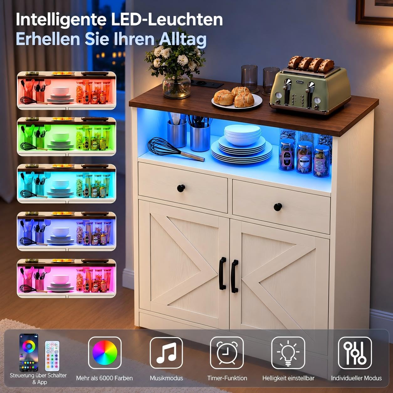 IRONCK Küchenschrank Sideboard mit LED & Steckdose 2AC+1USB+1USB-C, Weiß