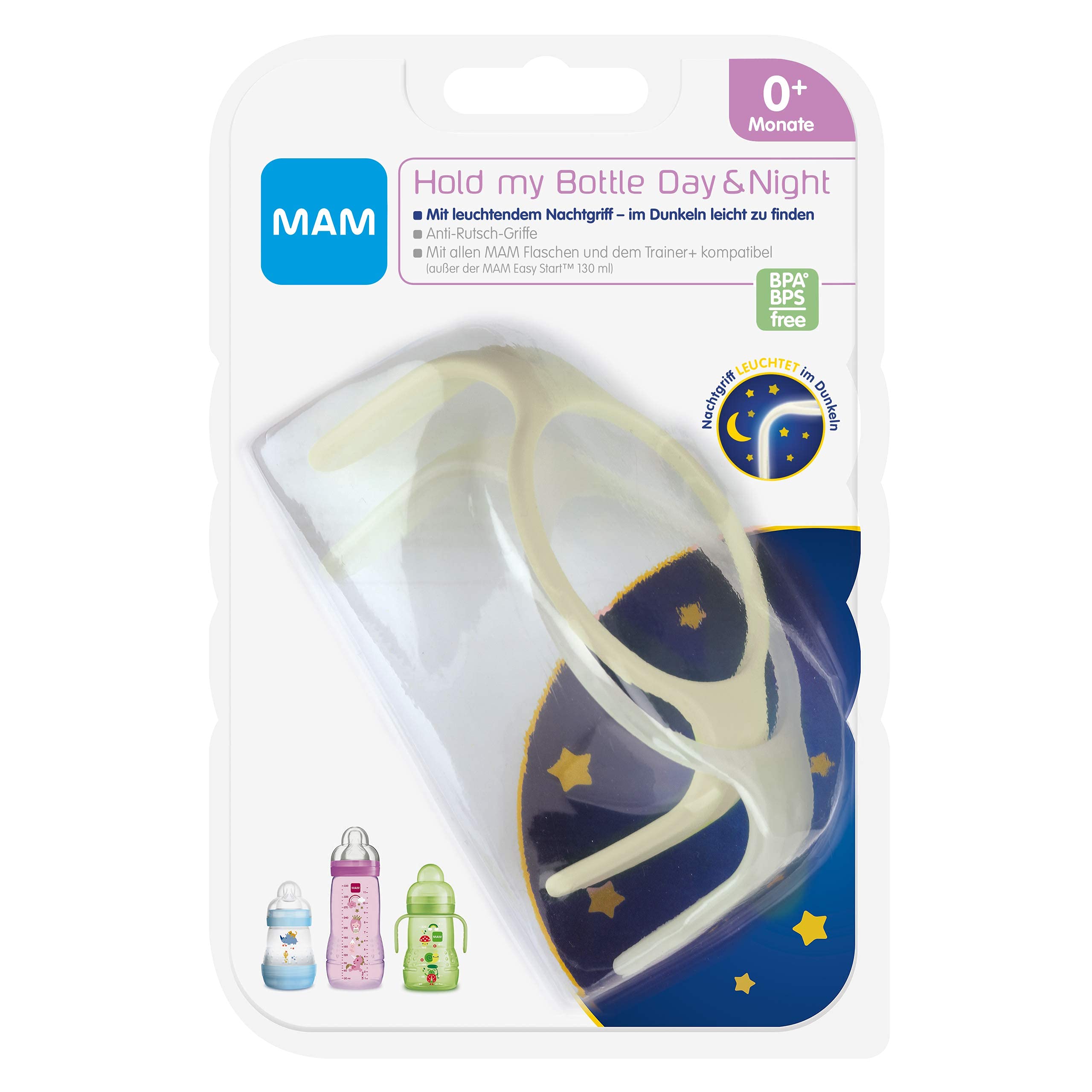 MAM Hold My Bottle Day & Night - Set di 2 Impugnature Antiscivolo e 1 Maniglia Luminosa per Biberon e Trainer, 0 Mesi, Beige