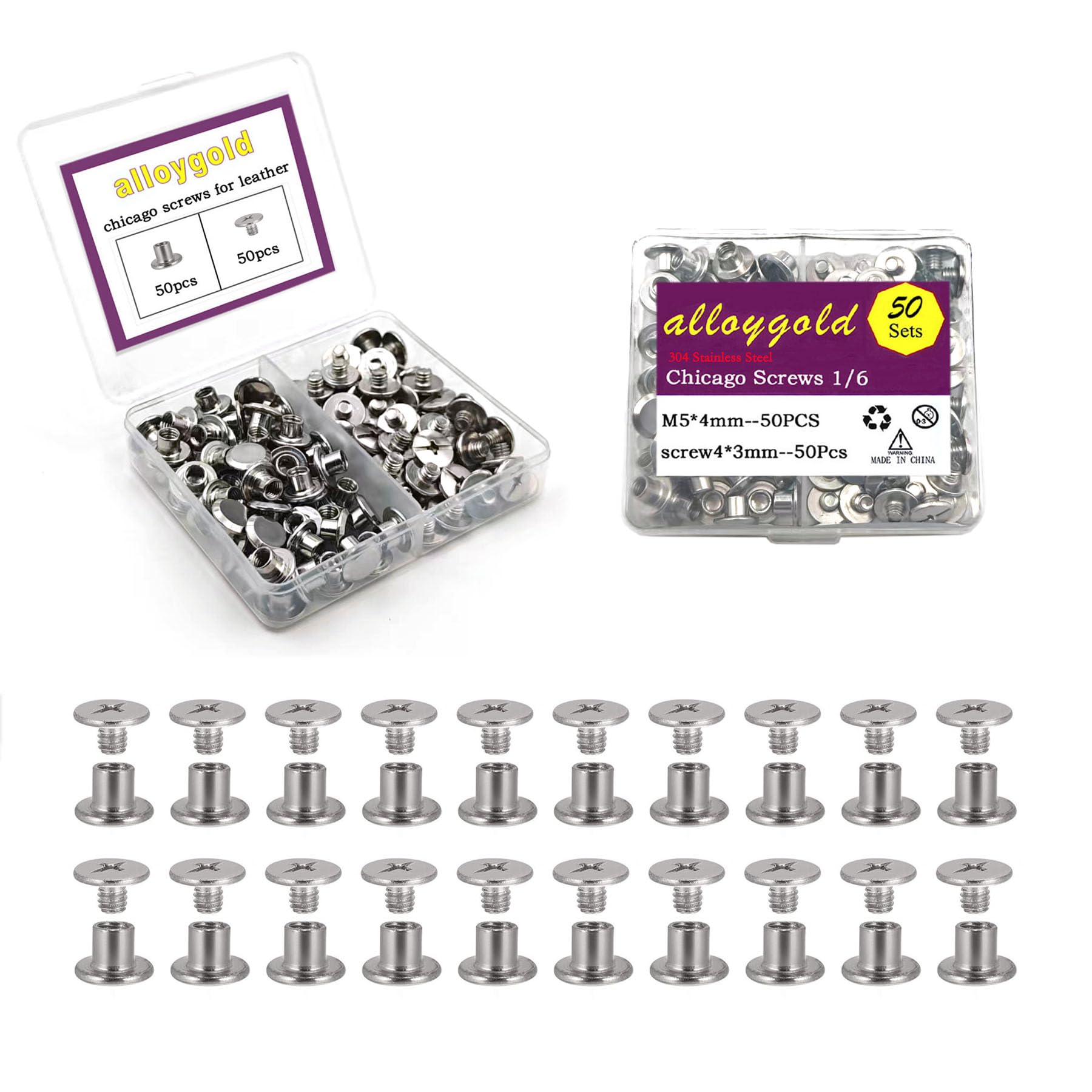 Alloygold 50 Sets M5*4 304 Stainless Steel Chicago Screws Leather Rivets DIY Leather Trim3/16 x1/6