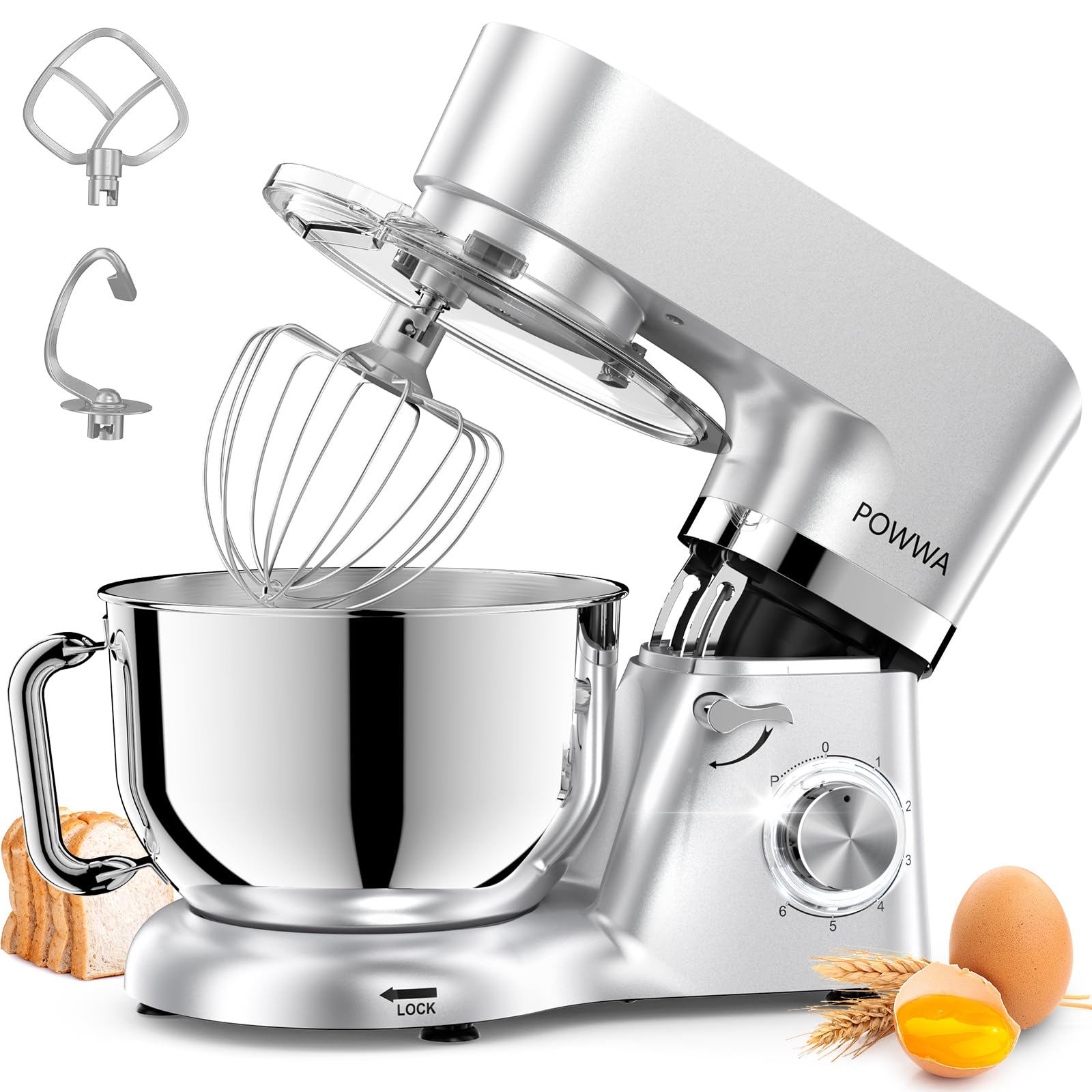 Küchenmaschine, POWWA 6,2 L Rührmaschine Knetmaschine, 6+1 Geschwindigkeit Teigmaschine,1500W Teigknetmaschine mit Schneebesen, Knethaken, Rührbesen & Spritzschutz zum Backen, Kuchen, Kekse