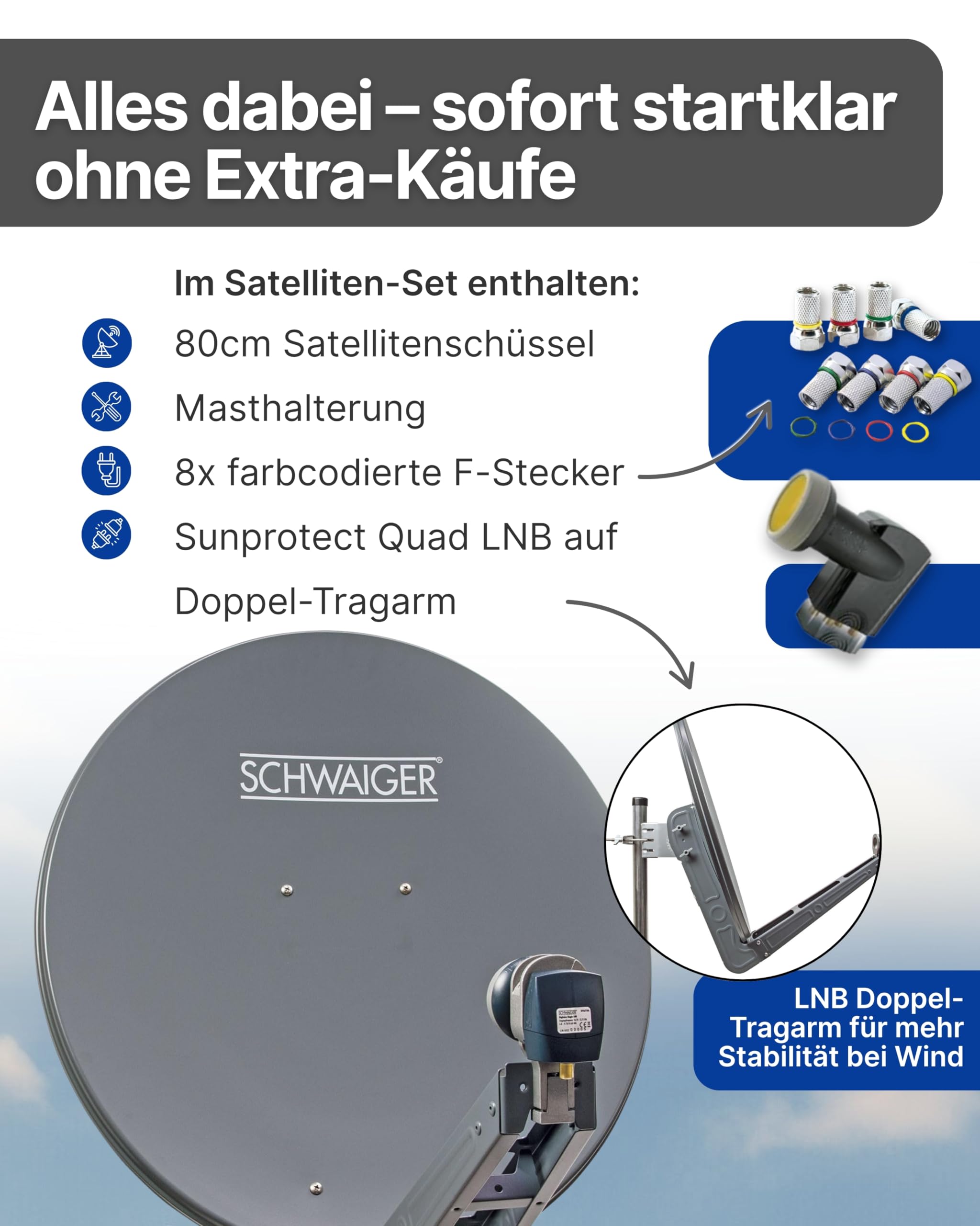 SCHWAIGER Satellitenschüssel Komplettset 80 cm Aluminium Offset Antenne Anthrazit Quad LNB 4-Fach Digital HD 4K Empfang wetterfest