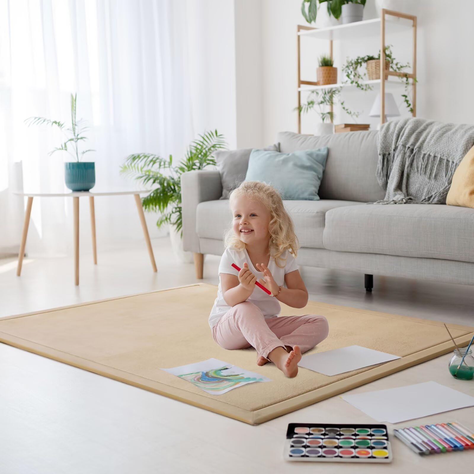 Tappeto di Velluto Corallo Ispessimento per Bambini, Coperta Strisciante Morbida, Tatami Antiscivolo (Marrone Chiaro, 200 * 220CM)
