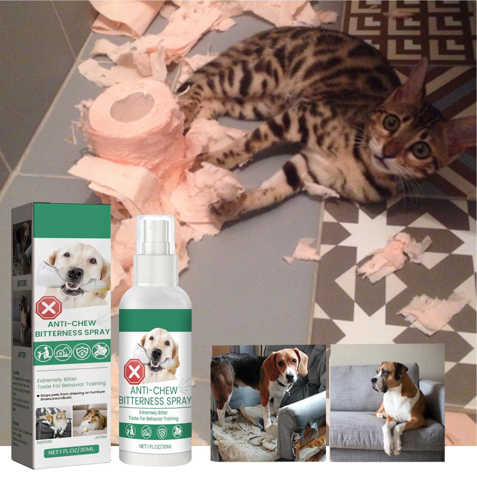 Spray anti-mastication et léchage pour chien, anti-mastication amer pour aider à l'entraînement comportemental, spray naturel et efficace pour arrêter de mâcher le léchage des meubles,