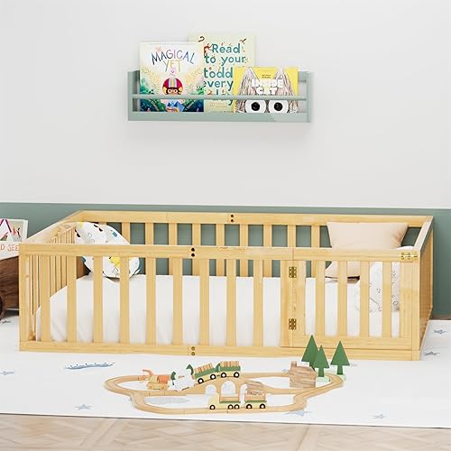 Miniatura 5 de i-POOK Cama de suelo de tamaño individual para niños, marco de cama Montessori de madera resistente con valla y puerta, cama Montessori para niñas y