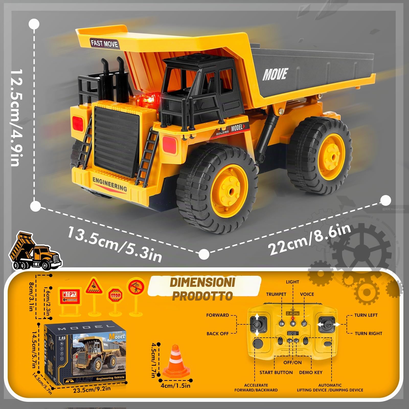 Autocarro con Cassone Ribaltabile Telecomando 2.4GHz Veicolo da Costruzione RC per Bambini Regalo Maschi Femmine di 3 4 5 6 7 8 Anni per Interno ed Esterno