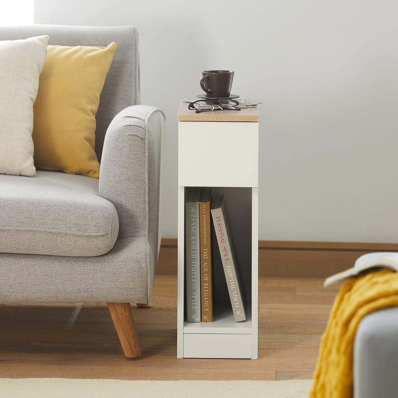SoBuy Lot de 2 Table de Chevet étroite 20 cm avec tiroir Table de Nuit Gain de Place & Chevet de lit pour Petits espaces Chambre Salon Blanc 20x35x60 cm FBT111-WNx2