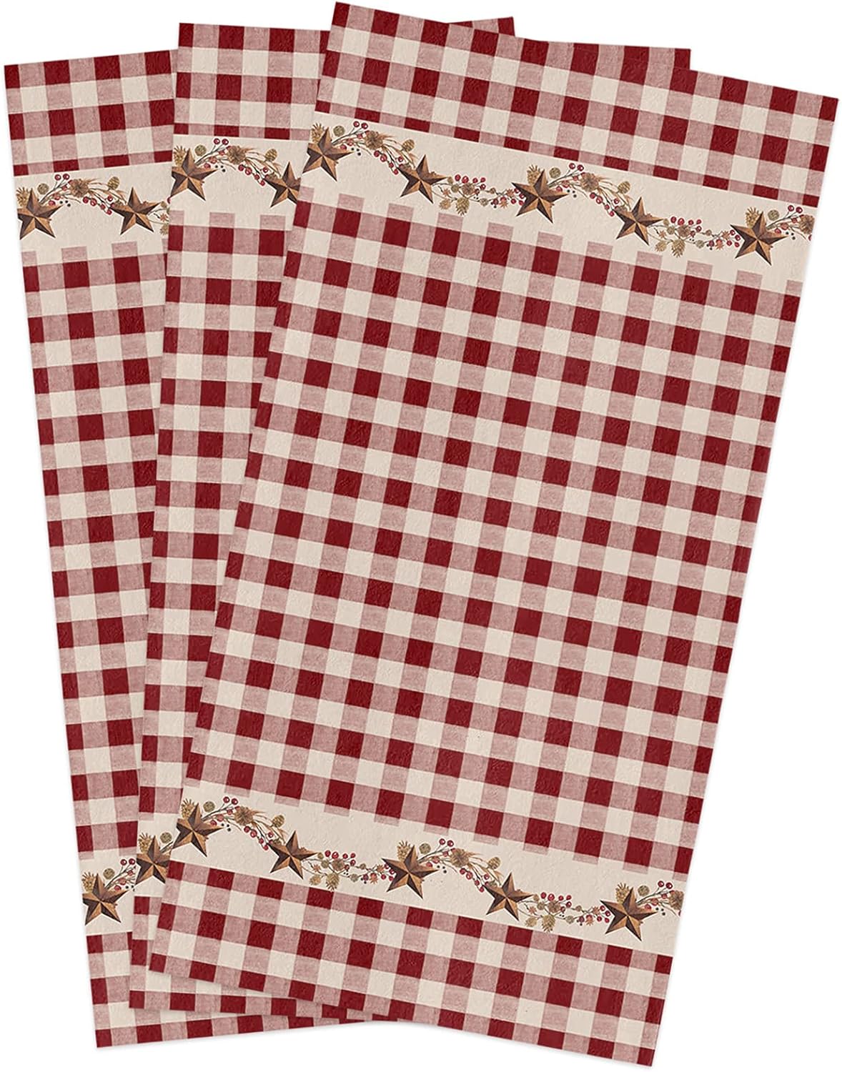 Farmhouse Kitchen Towel Set of 3, Retro Red Plaid Star Berry Hand Towels Absorbent Microfiber Dish Cloth American Country Farm Check Washable Tea Bar Dishcloth Cleaning Cloths