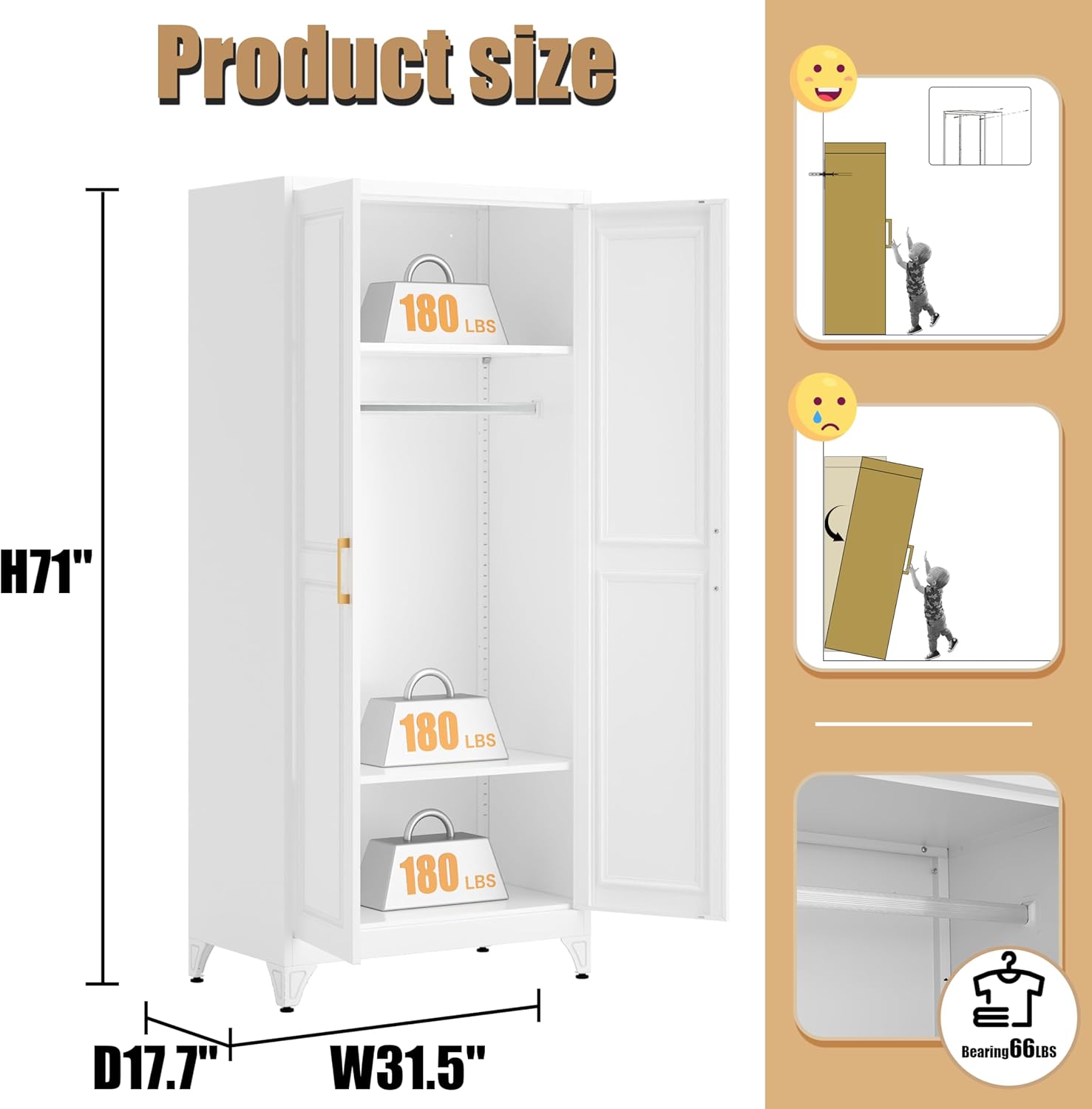 Armoire Wardrobe Closet with Hanging Rod, 71" Tall Metal Clothes Storage Cabinet with Doors and Adjustable Shelves, White Wardrobe Cabinet, Steel Closet for Bedroom, Bathroom, Office, School