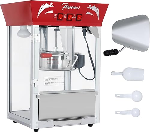 Vintage Popcorn Machine with Cart, Stainless Steel Kettle Popcorn Maker, 850W Movie Theater Style Popper with Tempered Glass & Warming Deck, Popcorn