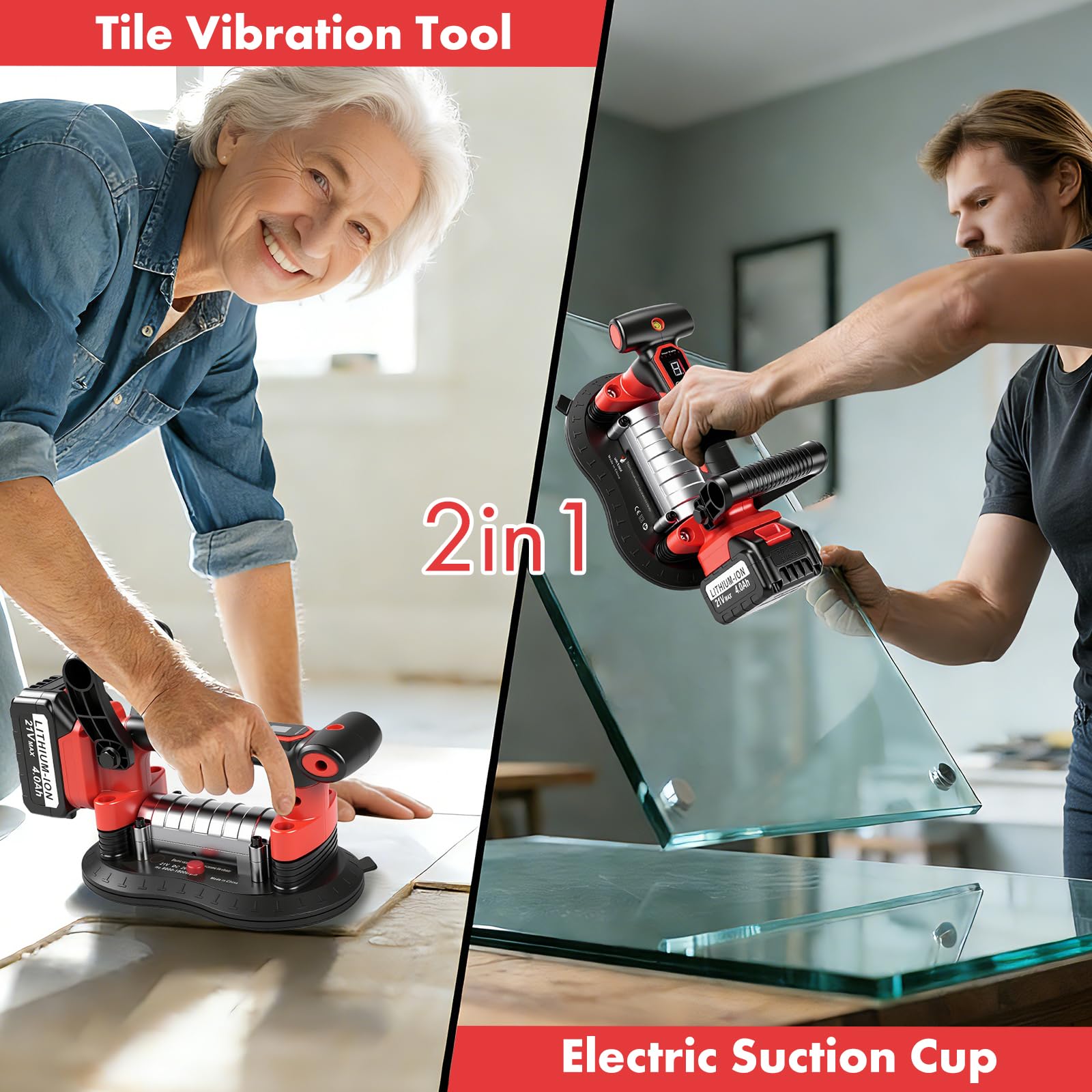2 in 1 batteria vibrante per piastrelle e ventose con batteria, 200 kg (440 lbs), potenza di aspirazione regolabile a 9 marce, vibratore per piastrelle, vetro, marmo, ventosa 255 x 155 mm
