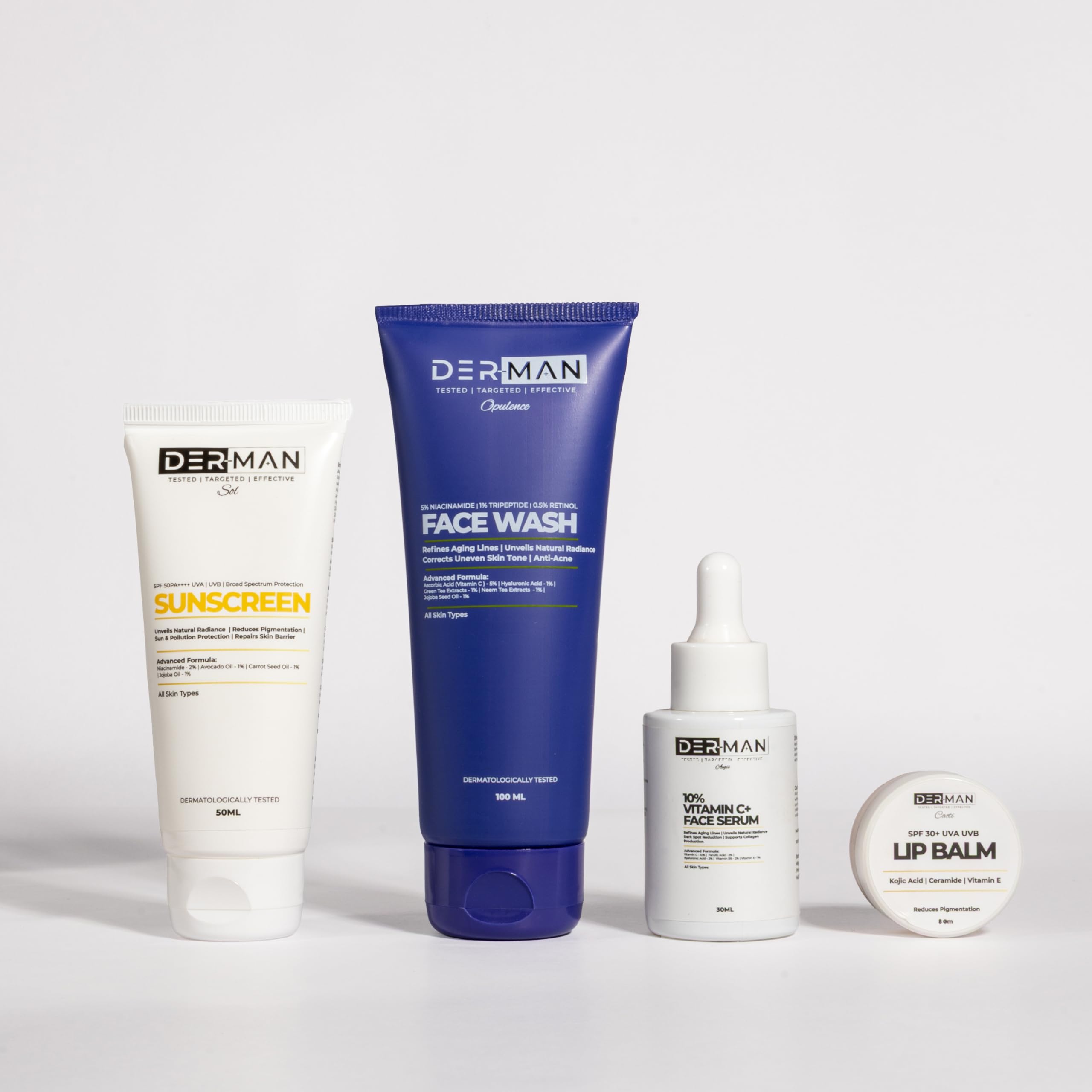 DER-MAN Signature Skincare Shield | Complete Routine for Men | Multi-Active 4 in 1 Face Wash 100Ml + Liquid Sunscreen Moisturizer SPF 50 Pa++++ 50Ml + 10% Vitamin C Face Serum 30Ml + SPF 30+ Lip Balm 8G | Anti-Acne, Brightening, Anti-Aging, Sun Protection | Pack of 4-image-22