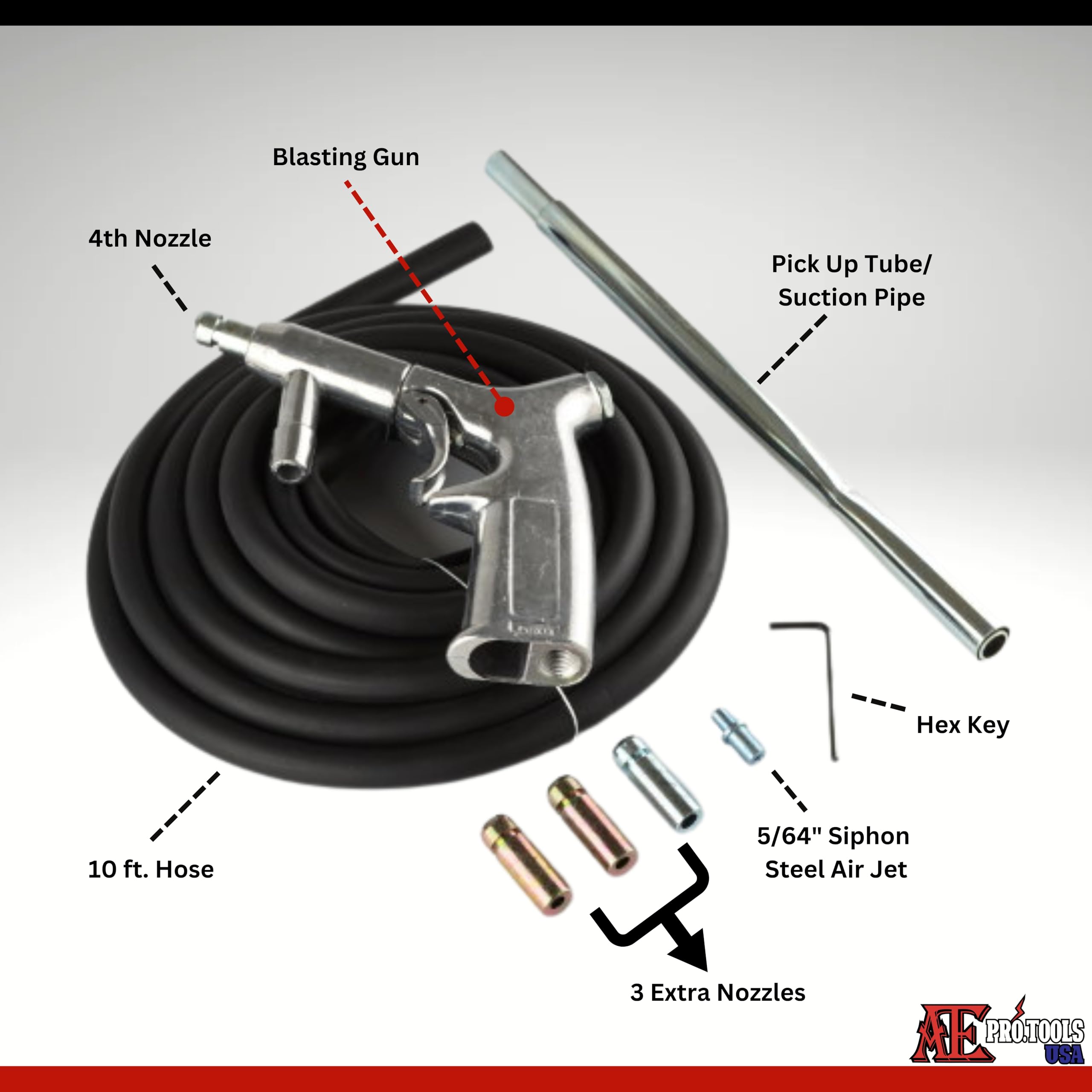 ATE Pro. Tools - Sand Blaster Kit, Sandblaster Siphon Feed Gun Nozzle, Sand Blasting Gun with 10 ft. Hose, Abrasive Blaster Nozzle Gun, Removes Paint, Stain, Rust, Grime