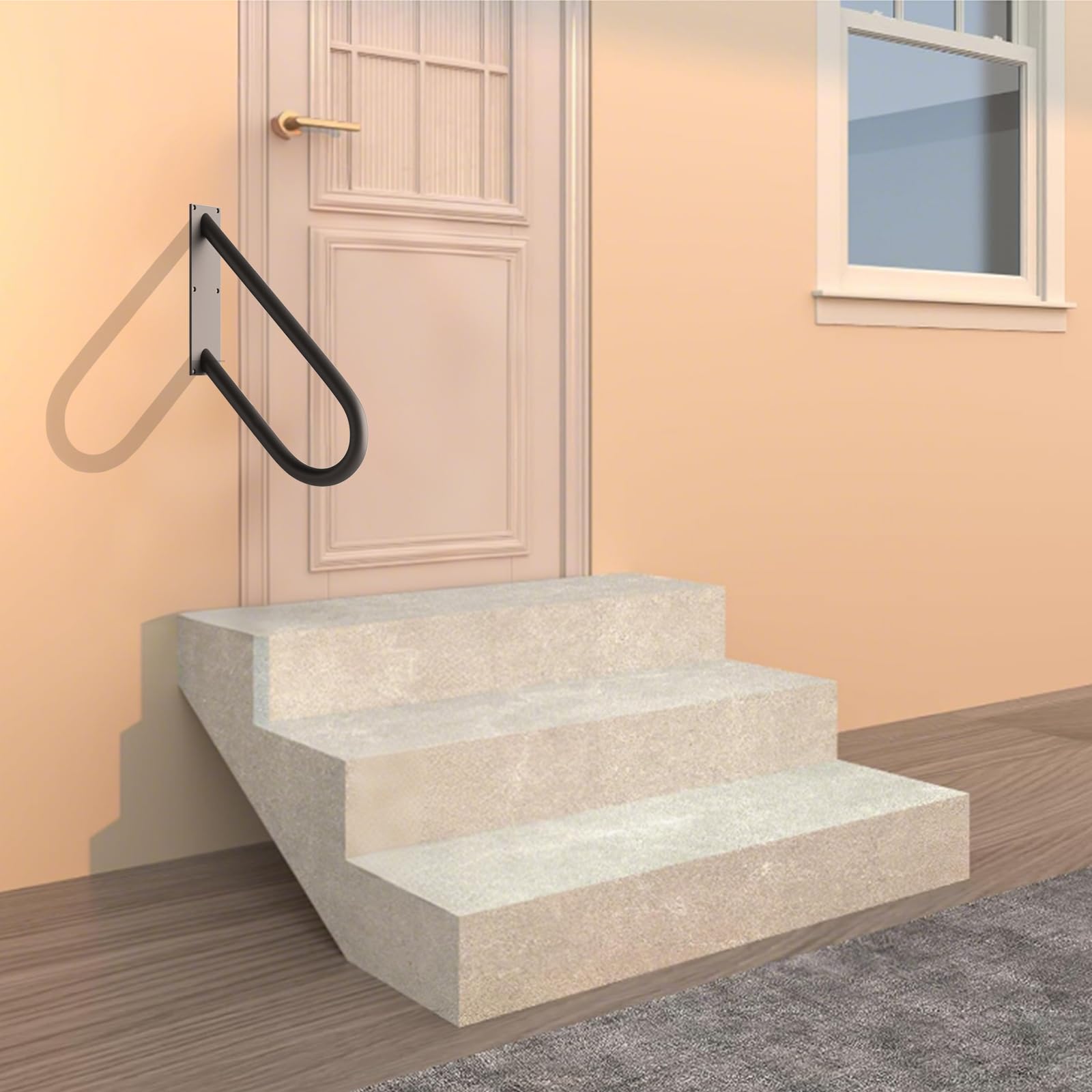 Pasamanos para escalones exteriores montaje en pared, barandillas para 1-2 peldaños, pasamanos en forma de U con acabado negro mate, pasamanos de escalera para garaje, porche, patio y jardín (45,7 cm