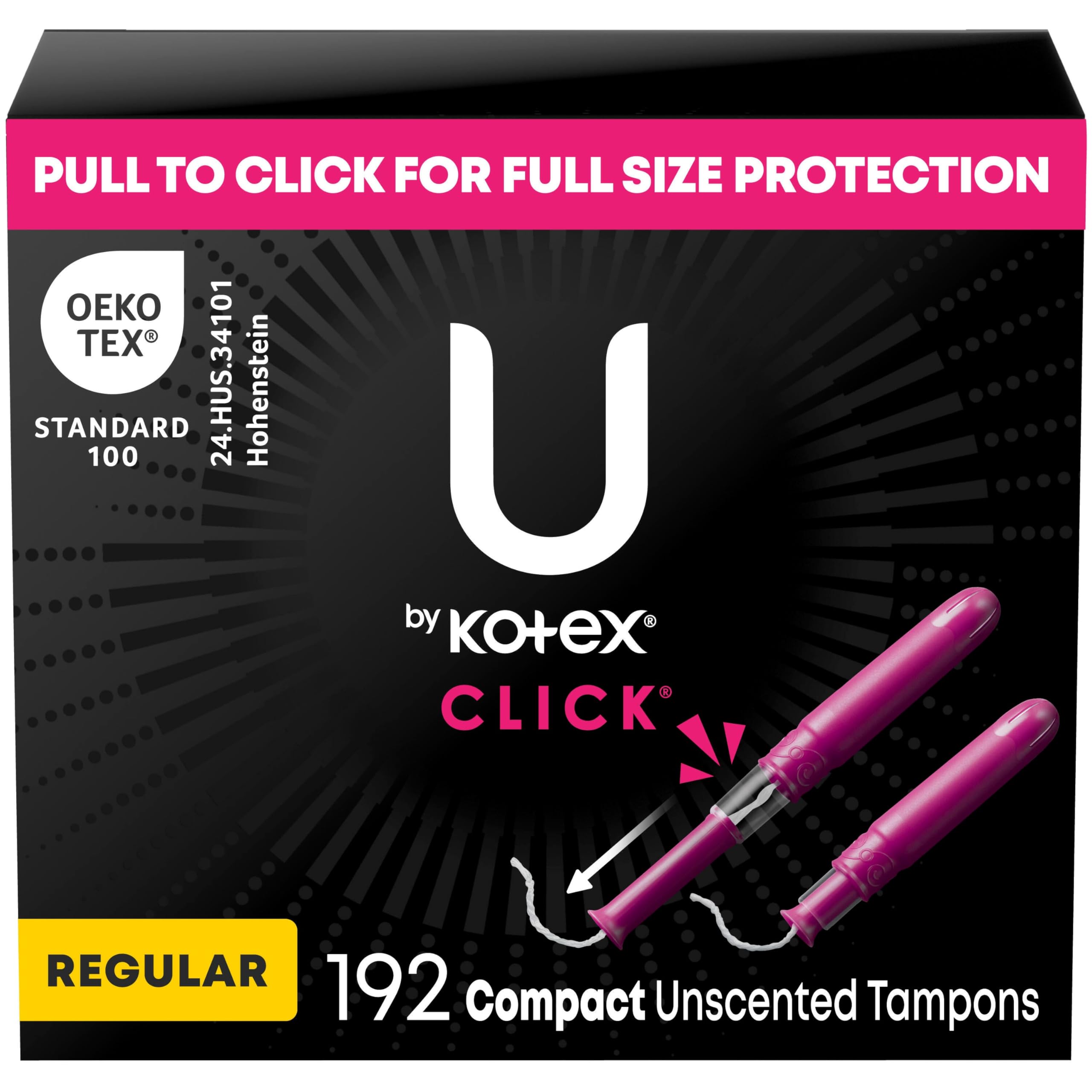 U by Kotex Click Compact Tampons, Regular Absorbency, Unscented, 192 Count (6 Packs of 32) (Packaging May Vary)