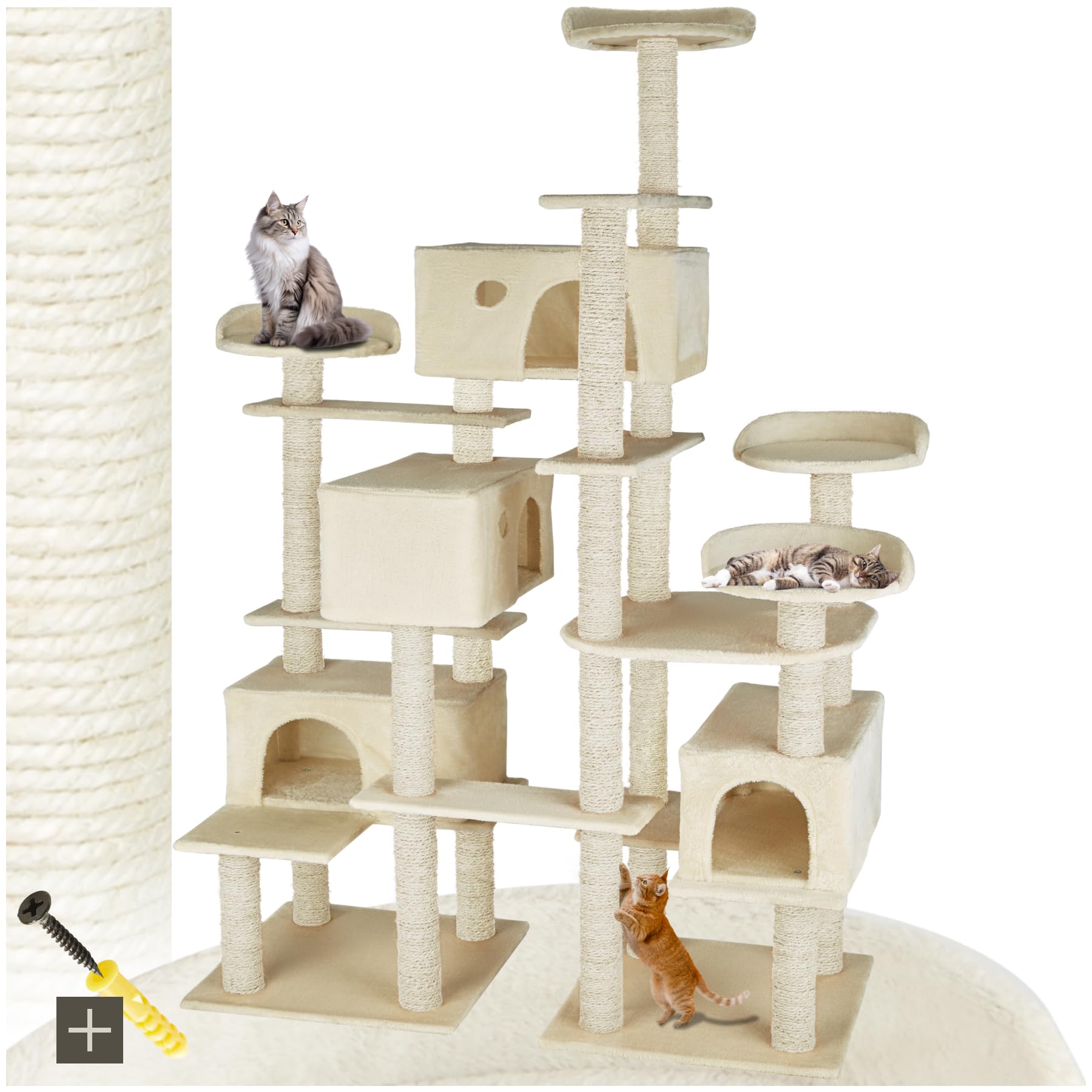 tectake® Albero Tiragraffi per Gatti con 4 Piattaforme, 4 Casette Accoglienti, Tiragraffi Gatto con Diversi Piani di Gioco, 2 Piastre di Base, Colonne in Sisal - Beige