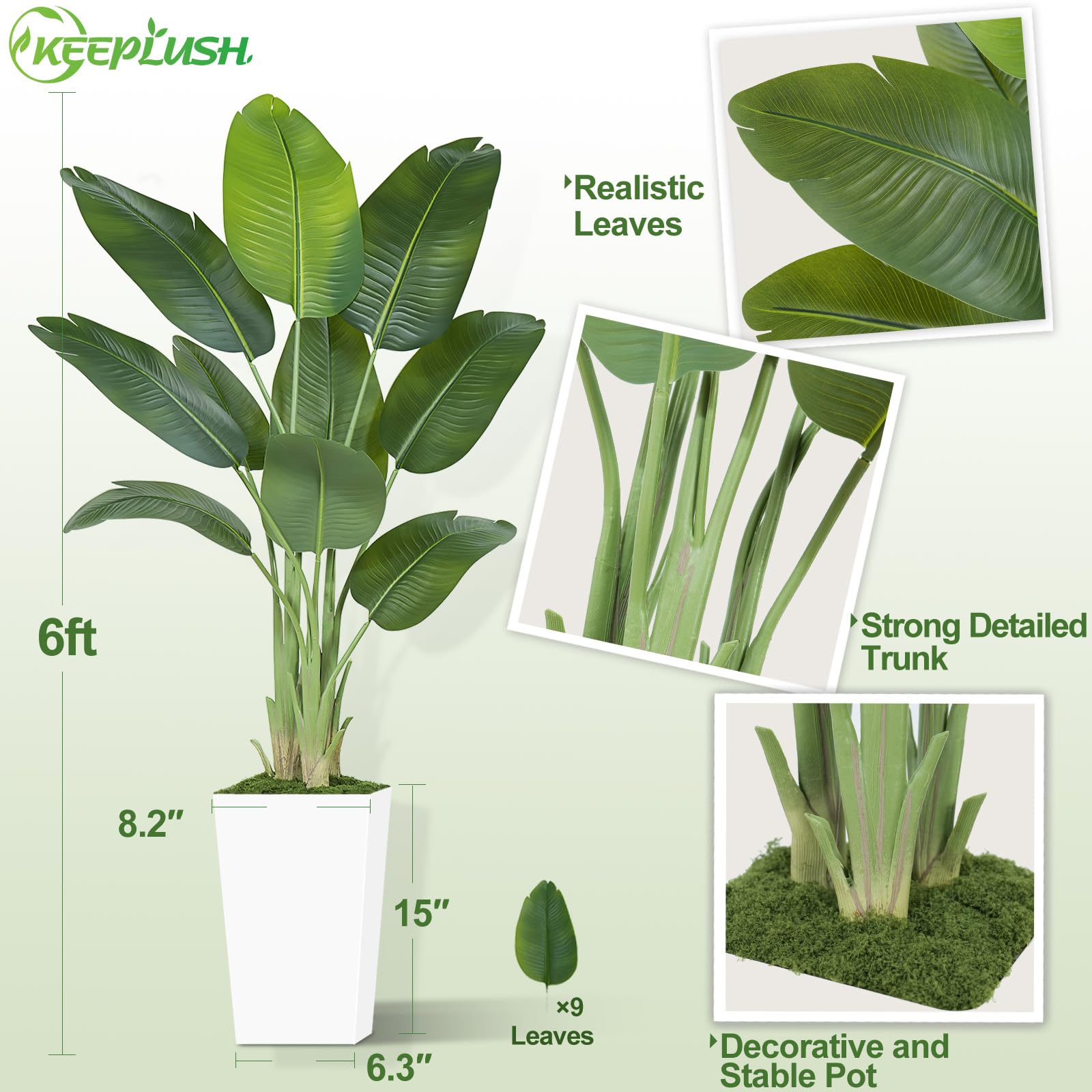 Artificiale Uccello del Paradiso 180cm Alta con Vaso Bianco, Piante Finte da Interno Grandi Finta con 10 Foglie, Albero Banano Artificiale Per Interni Esterno Soggiorno Ufficio Giardino Dec