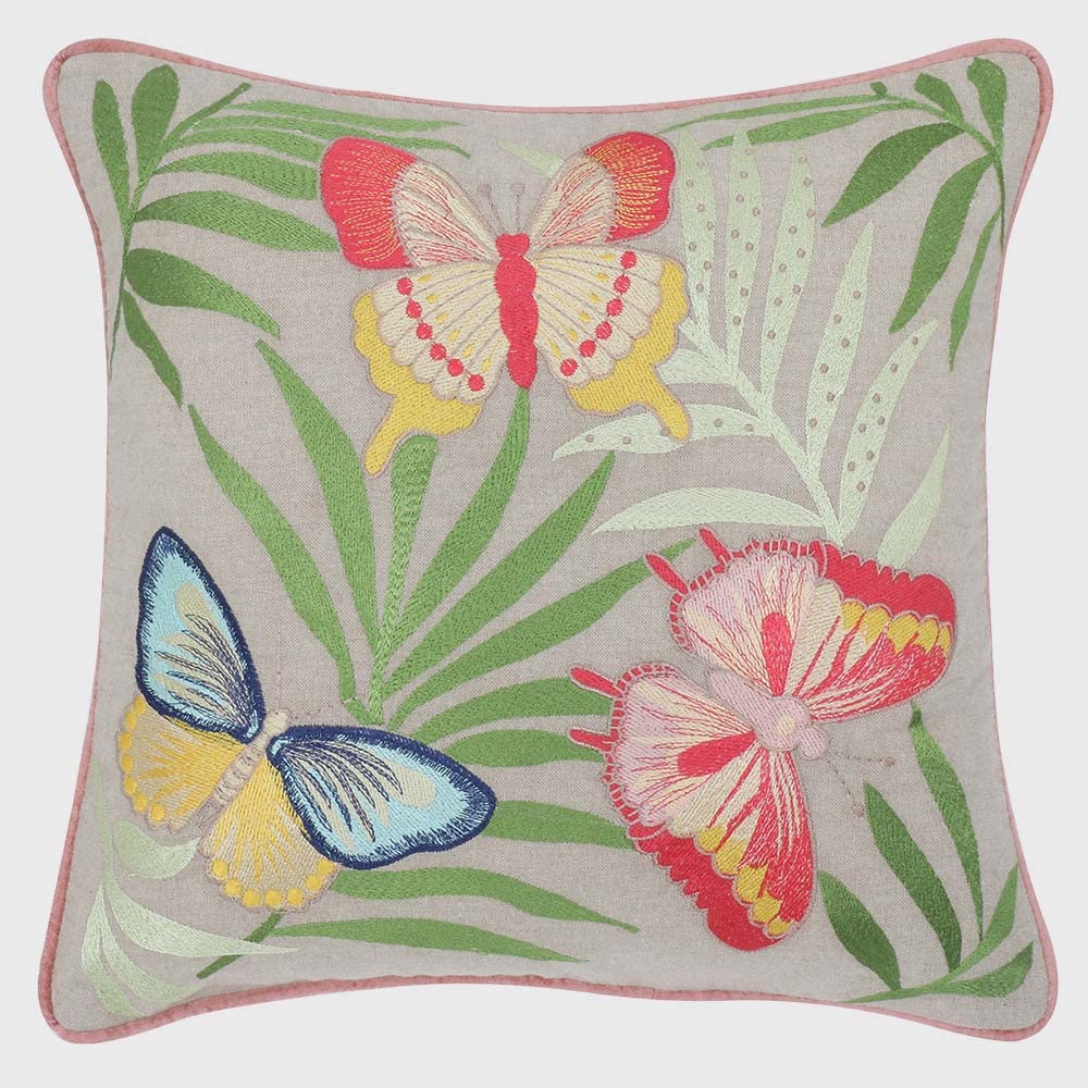 haus & kinder Decorative Embroidered Cushion Cover | Knitted Chambray Front Throw Pillow Cushion Cover for Sofa Living Room | 16inch x 16inch | Embroidery Butterfly