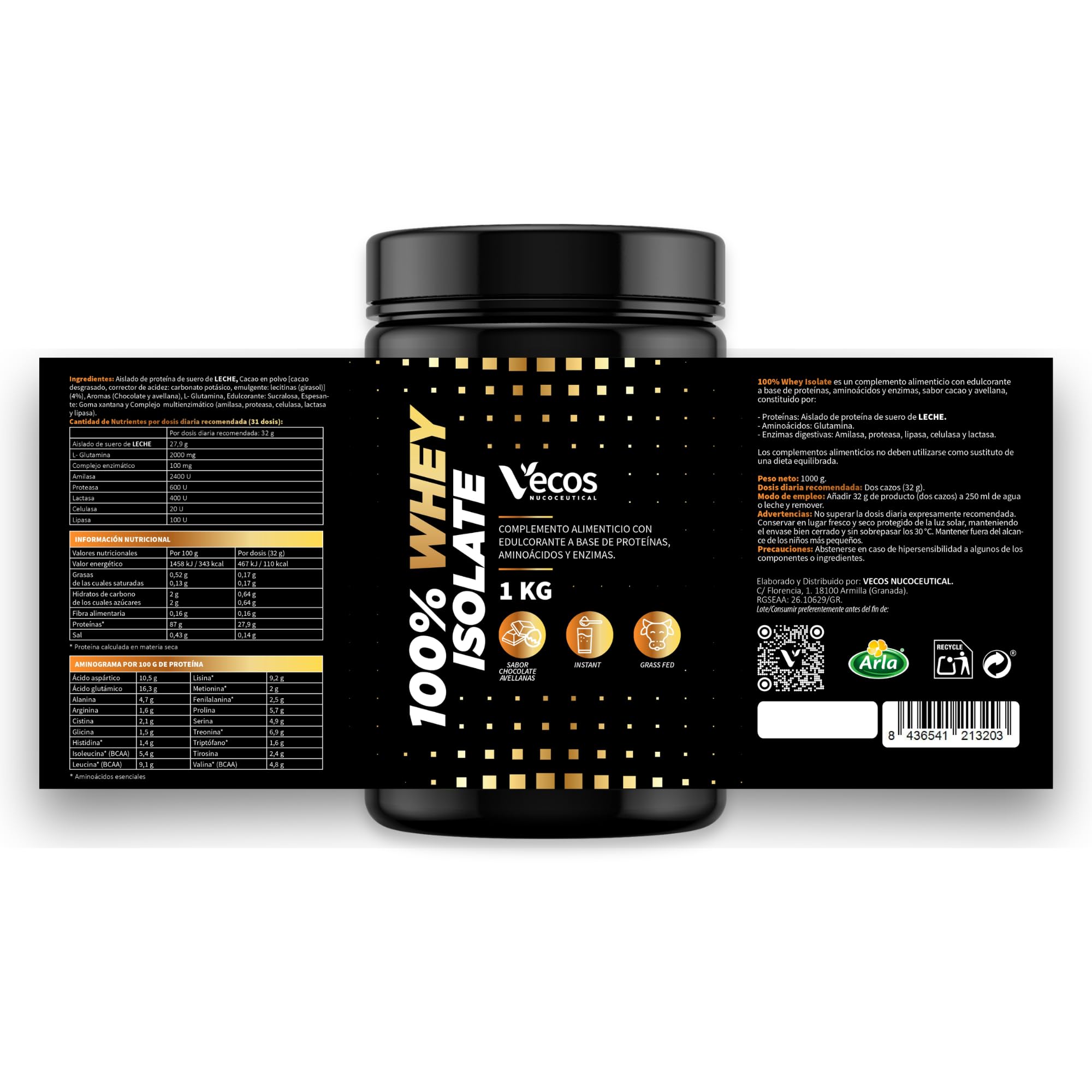 Proteína Whey Isolate 100% Pura – Aislado de Proteína de Suero de Leche 93% Proteína – Grass Fed, Instantánea y Sabor Neutro – 1 Kg – Vecos Nucoceutical (Choco-Avellanas)