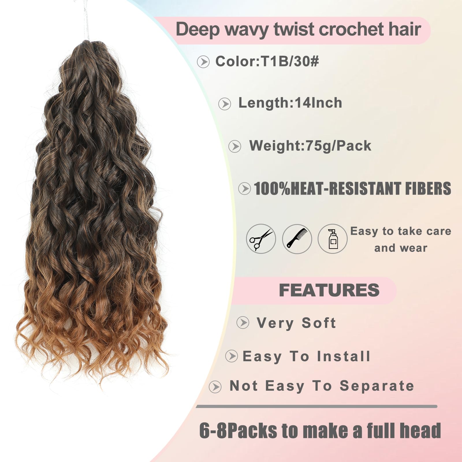 FANWYFYU 6Packs Deep Wavy Twist Crochet Braids Hair 14Inch French Curly Braiding Hair Pre-Looped Long Bohemian Crochet Hairs Water Wave Synthetic Curly Hair Extensions for Women and Girls (T1B-30) - Image 2
