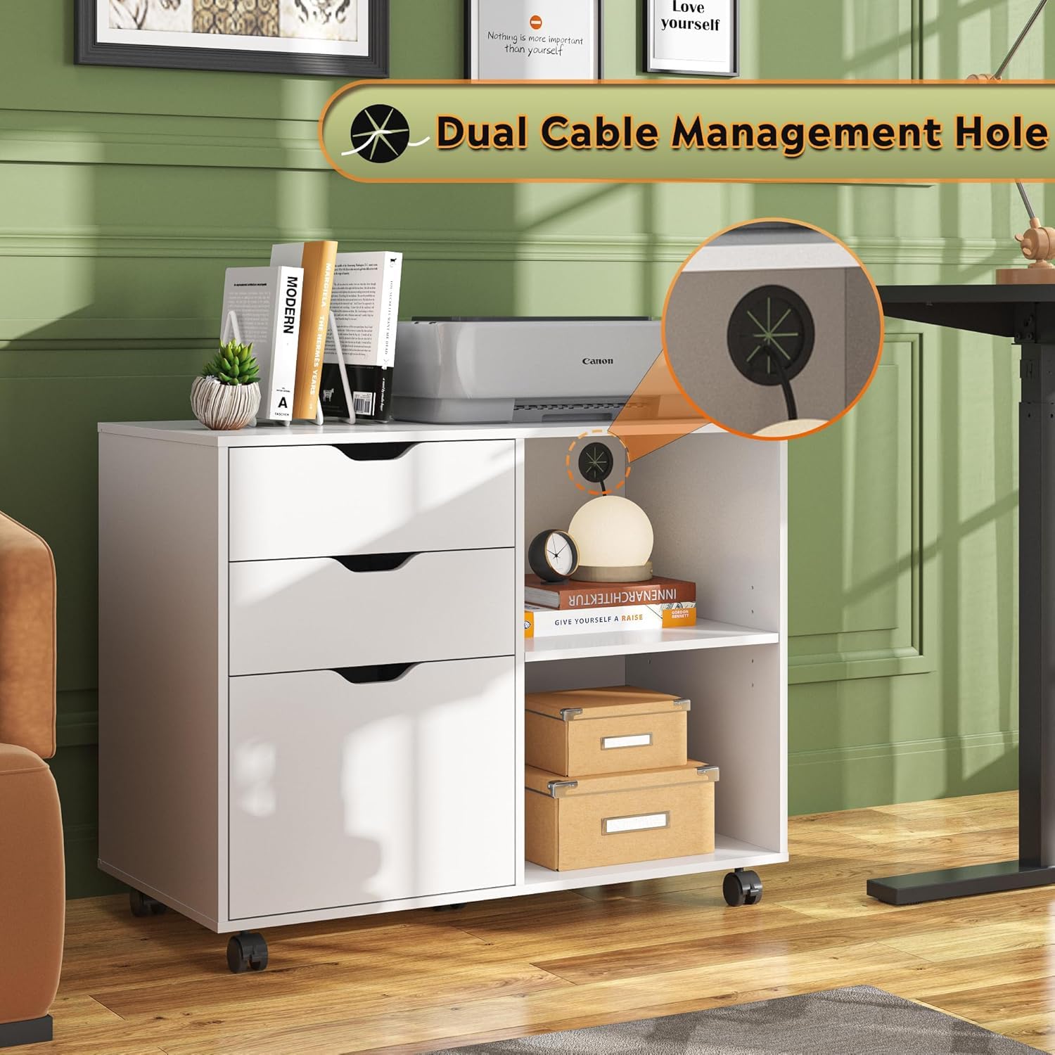 DEVAISE 3-Drawer Wood File Cabinet Mobile Lateral Filing Cabinet Printer Stand with Open Storage Shelves for Home Office — view 3