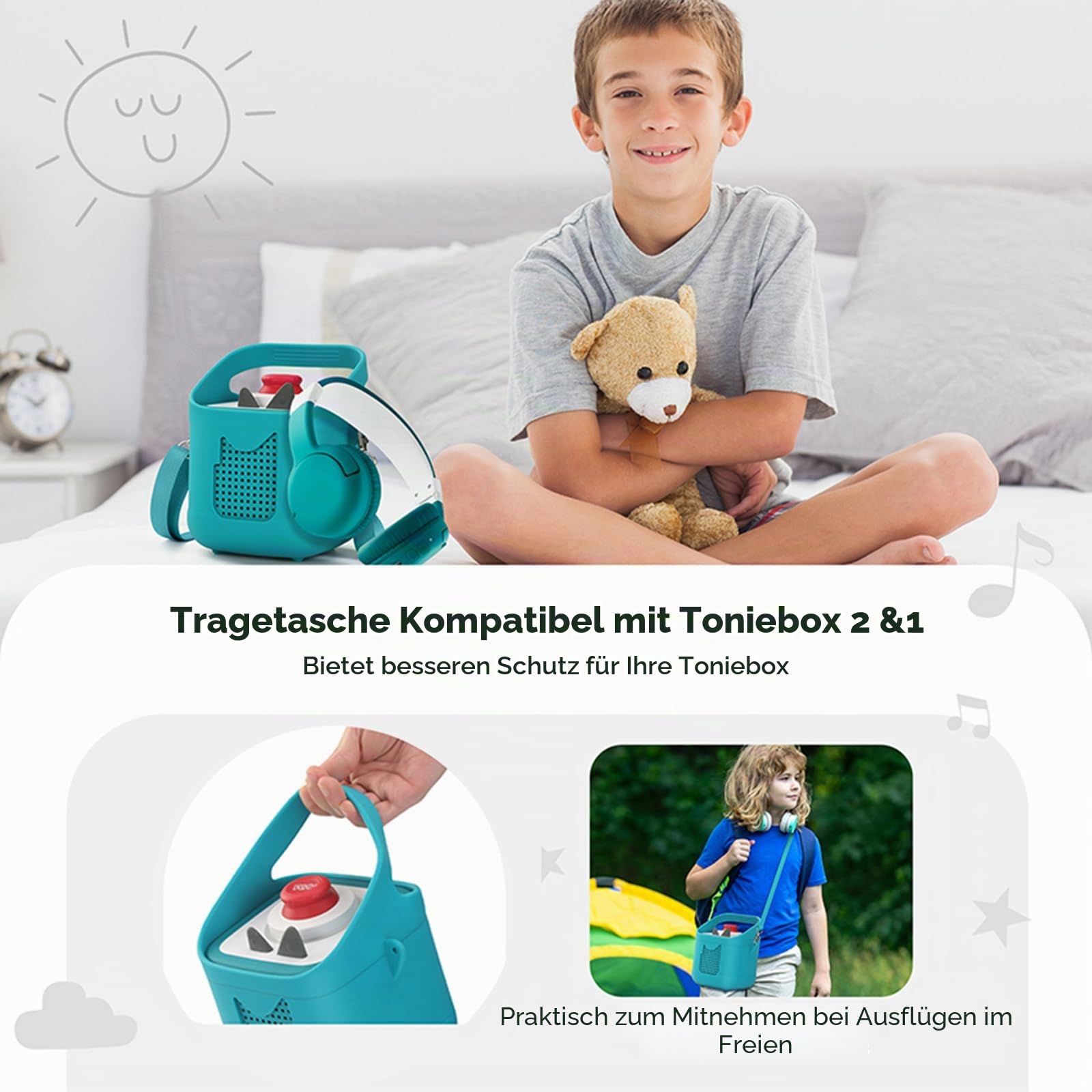 Silikon Schutzhülle Kompatibel mit Toniebox 2 & 1, Audio Player Jacke Staubdichte Hülle mit Tragegriff und Schultergurt (Grün)