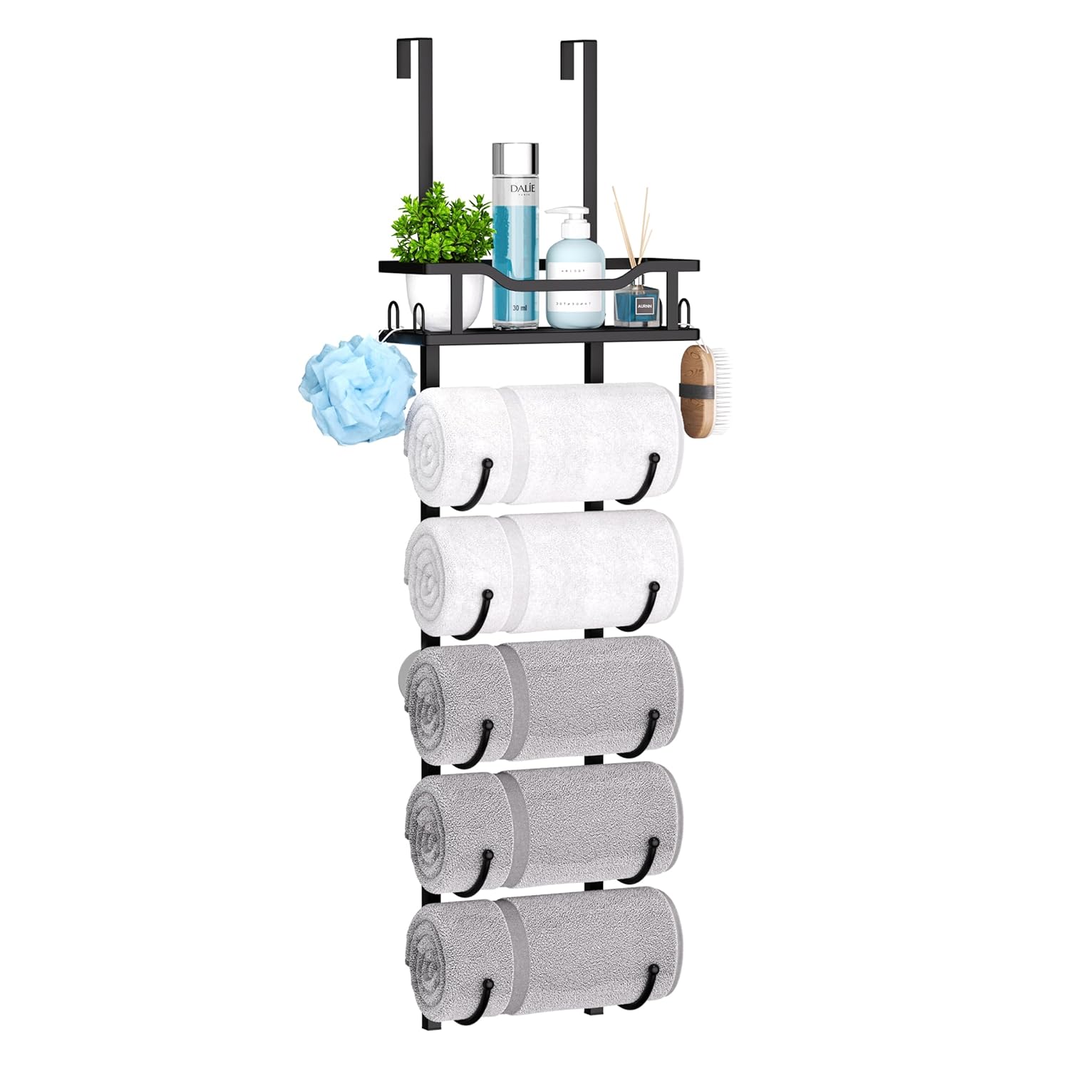 SWTYMIKI Over The Door Towel Rack - 6 Tier Towel Racks for Bathroom Wall Mounted, Towel Holder with Shelf, Hanging Rolled Towel Storage Organizer for Small Bathroom, Camper, RV, Black