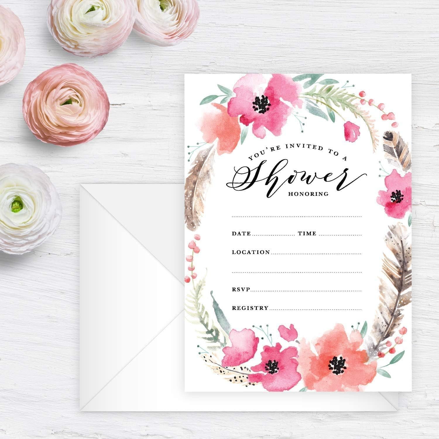 Canopy Street Boho Spirit Fill In The Blank Shower Invitation / 25 Bridal Shower Invitations With White Envelopes / 5" x 7" Flat Boho Baby Shower Invite