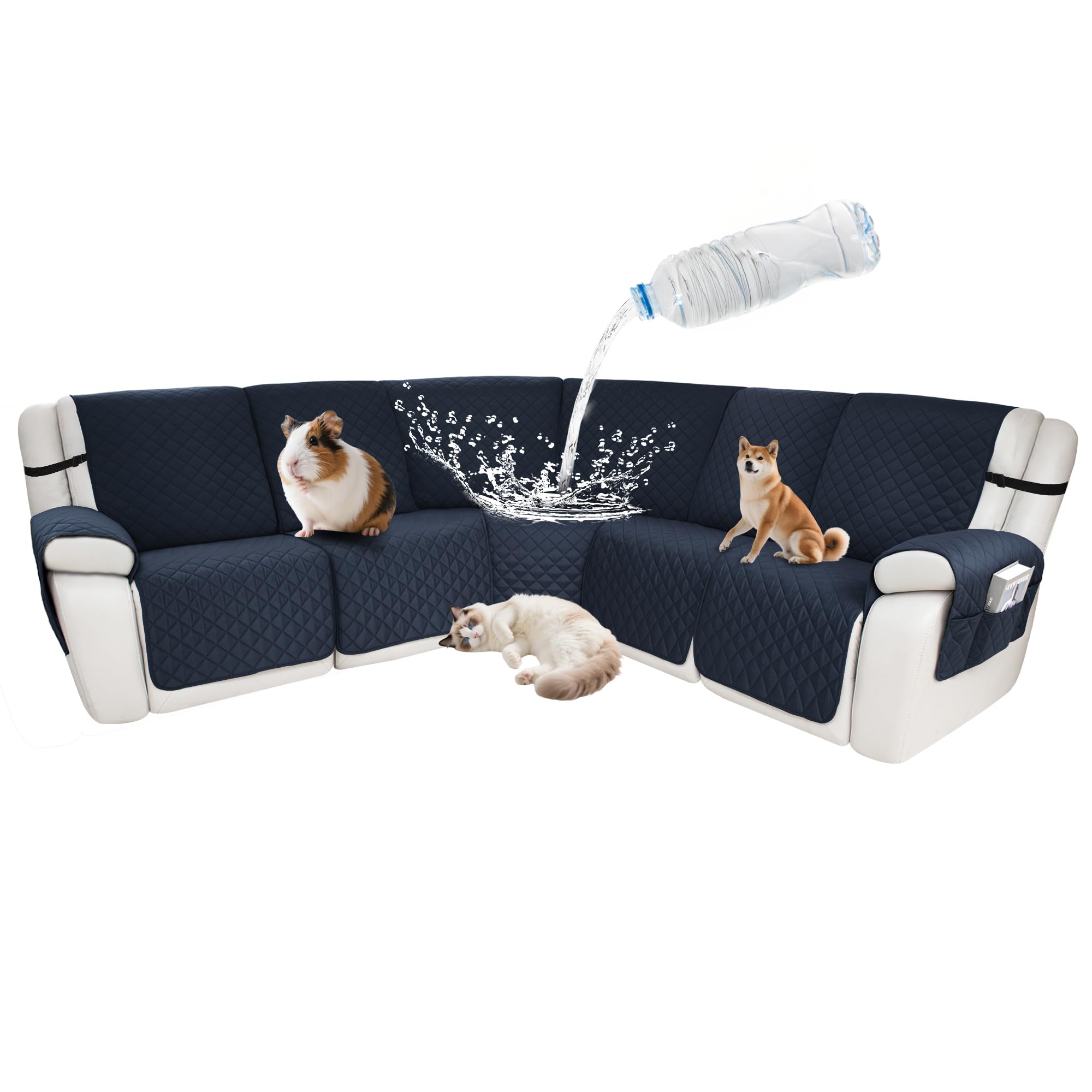 Waterproof Sectional Reclining Couch Covers L Shaped Recliner Sectional Sofa Cover 7 Piece Non Slip Washable Corner Recliner Slipcover Set for Pet Dog (5 Seater Cover, Navy Blue)